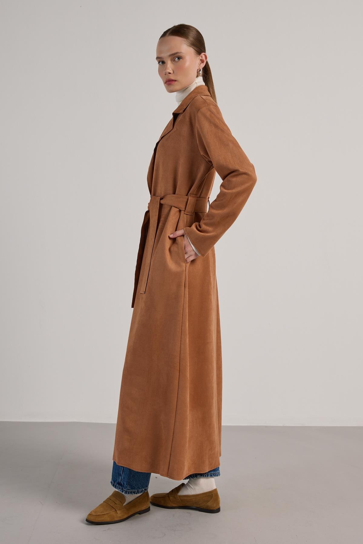 Kadın Taba Dalgıç Süet Tam Boy Trençkot 30041