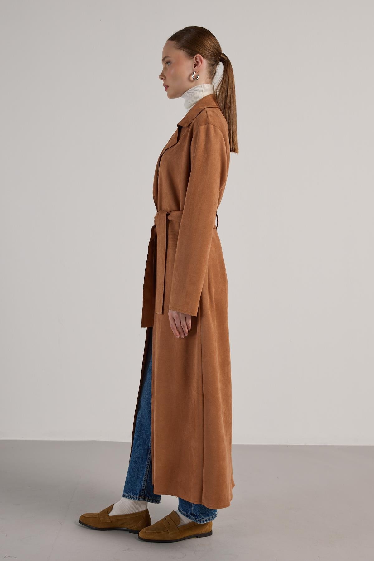 Kadın Taba Dalgıç Süet Tam Boy Trençkot 30041