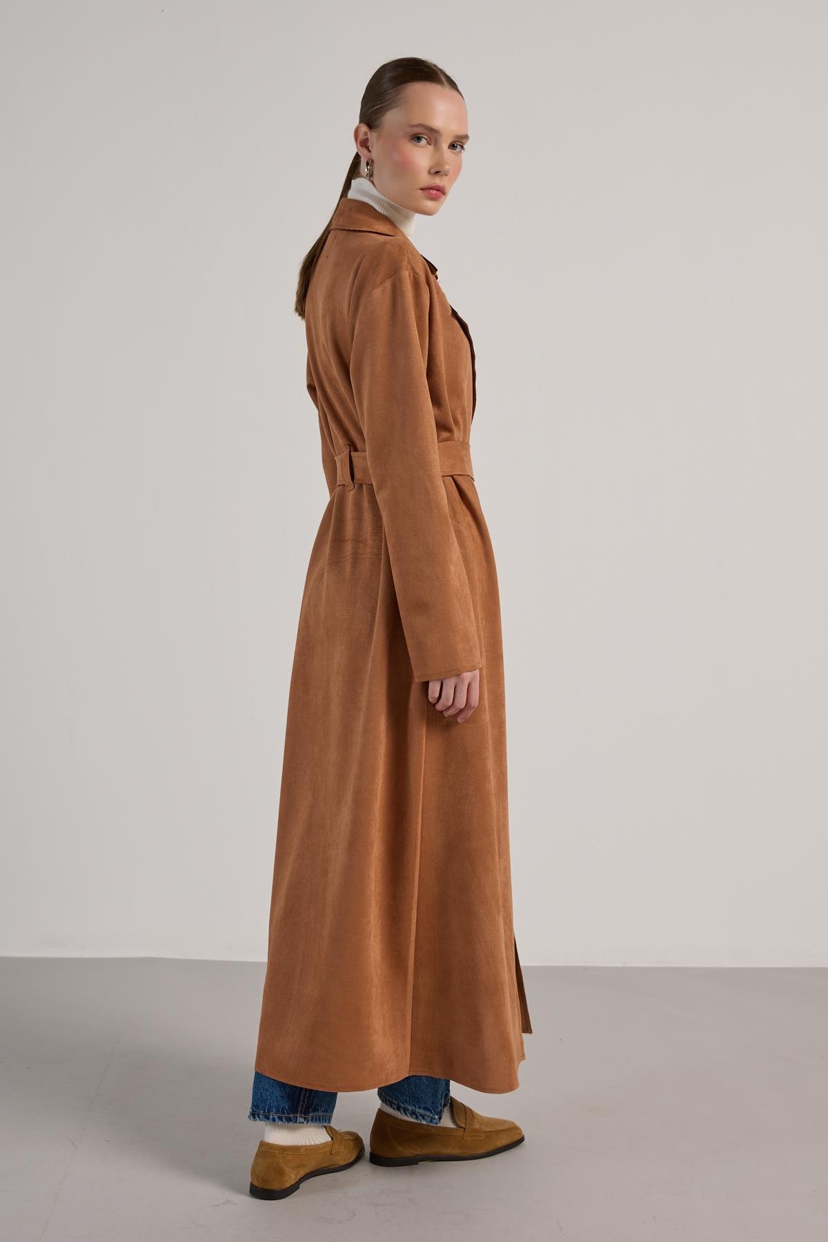 Kadın Taba Dalgıç Süet Tam Boy Trençkot 30041