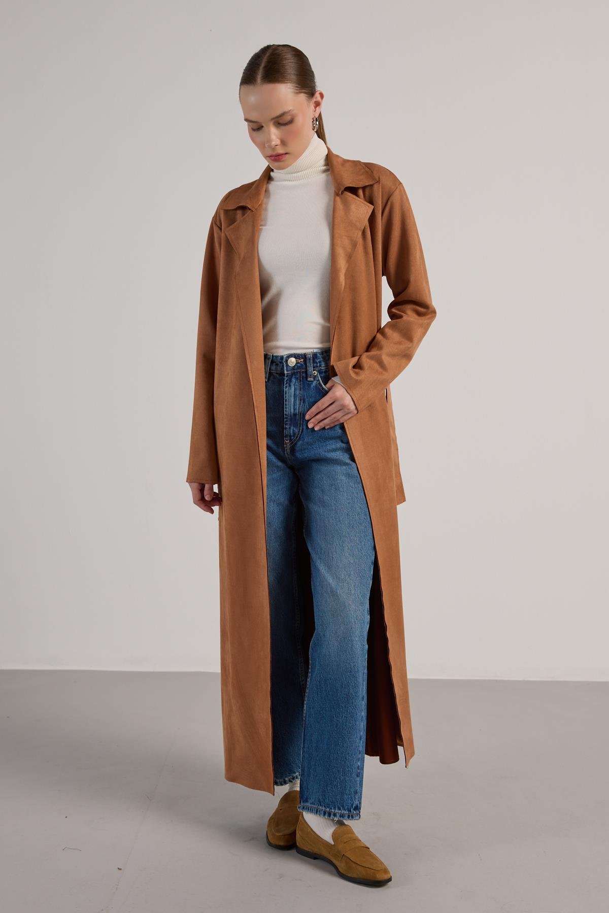 Kadın Taba Dalgıç Süet Tam Boy Trençkot 30041