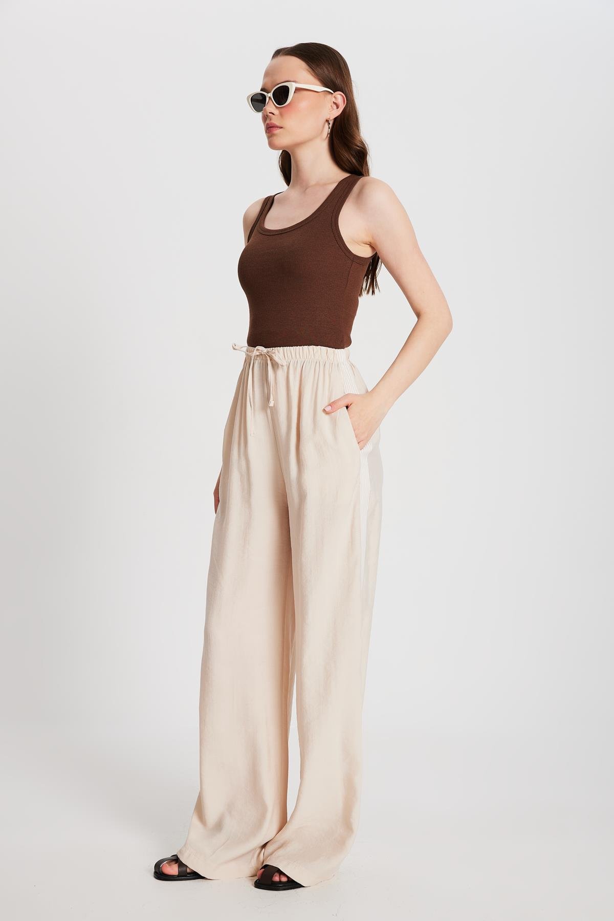 Kadın Taş %100 Modal Bol Kesim Yanları Şeritli Pantolon 29139