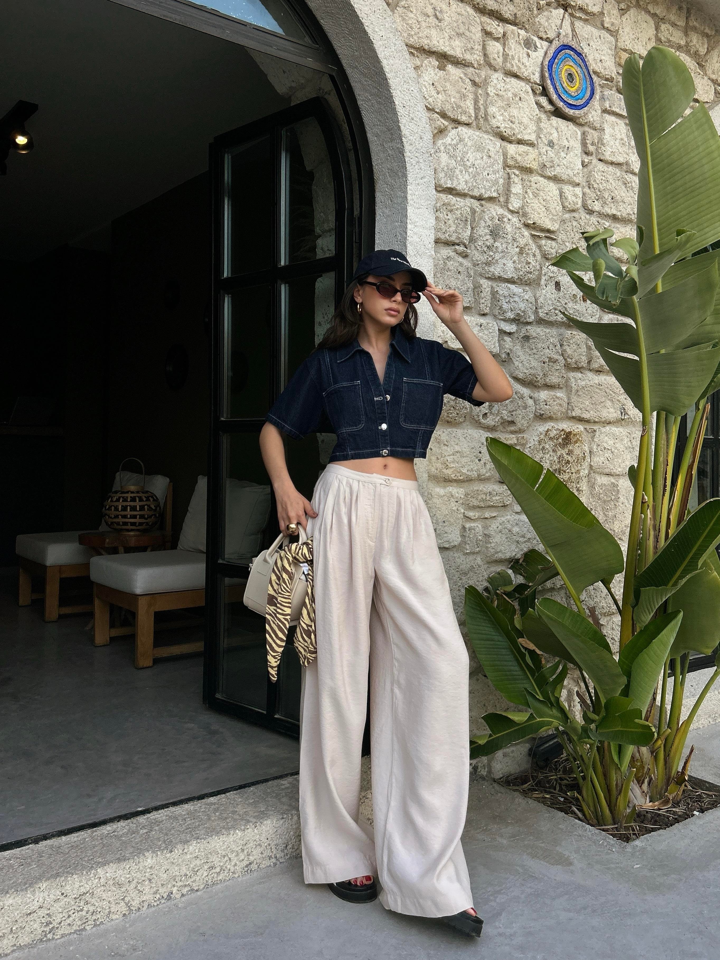 Kadın Taş %100 Modal Kumaş Pileli Geniş Kesim Pantolon 29110