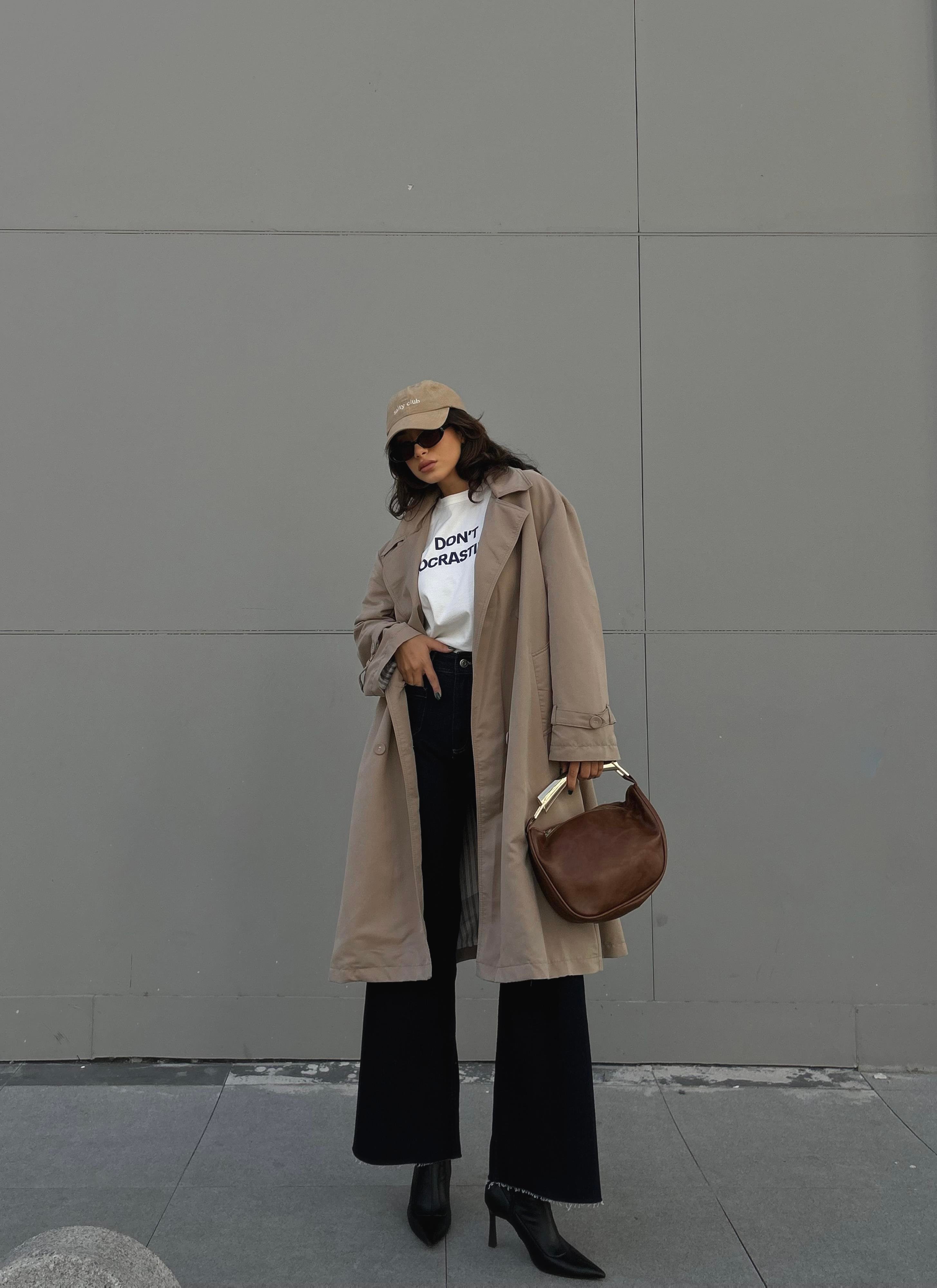 Kadın Taş Astarı Çizgi Desenli Oversize Trençkot 28119