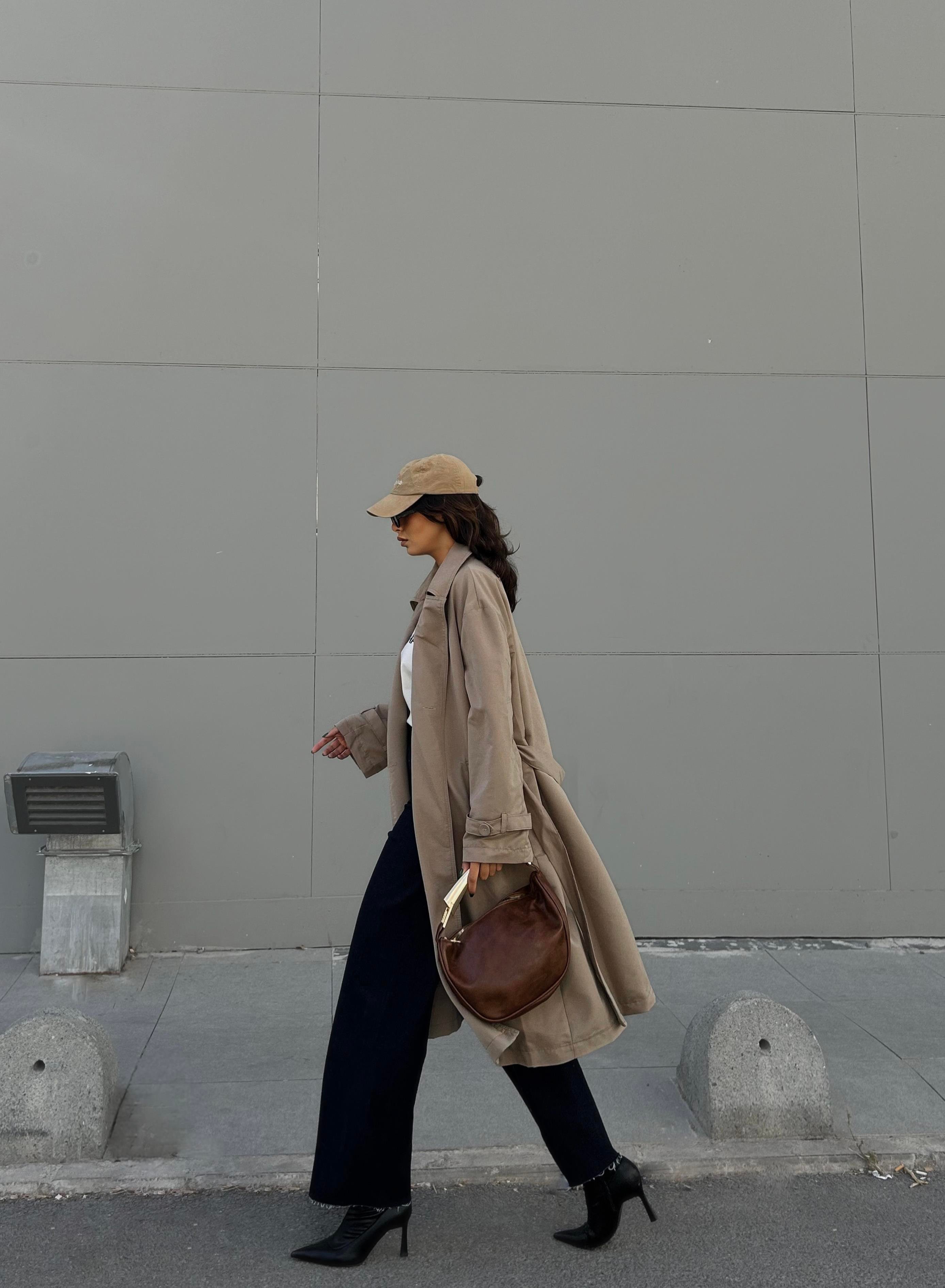 Kadın Taş Astarı Çizgi Desenli Oversize Trençkot 28119