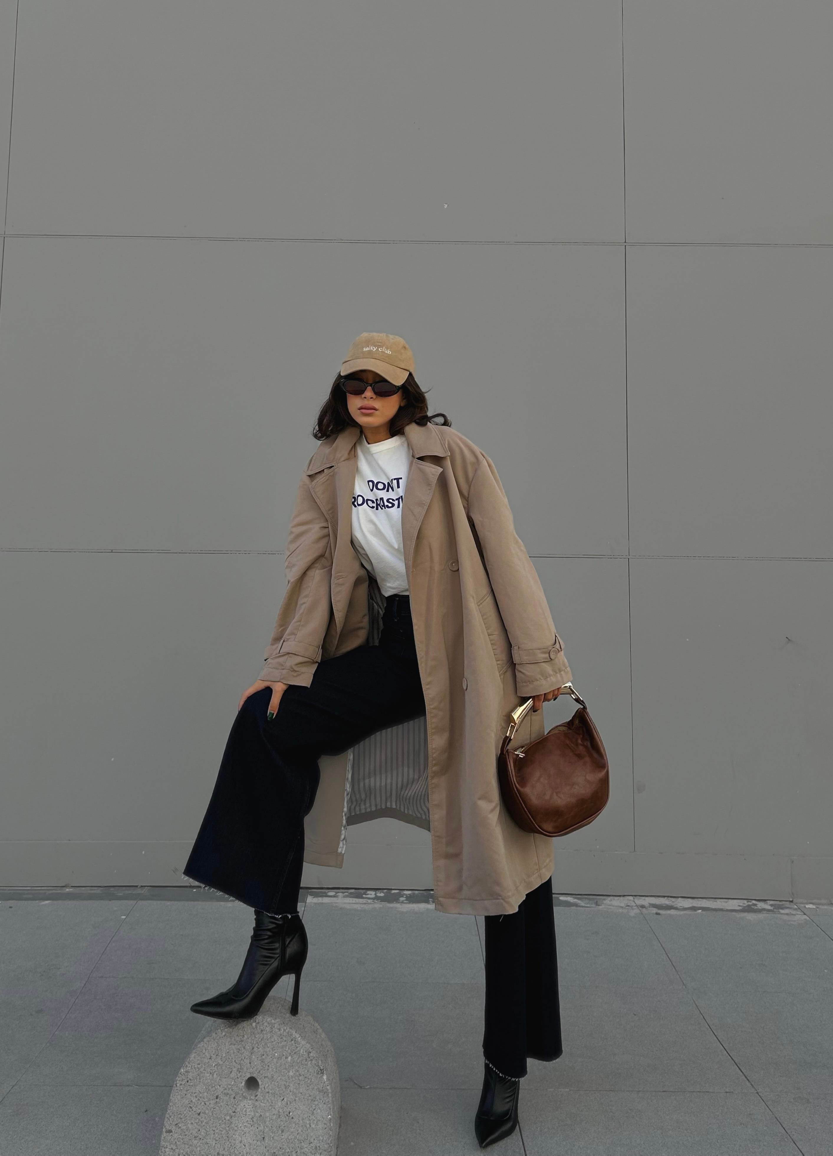 Kadın Taş Astarı Çizgi Desenli Oversize Trençkot 28119