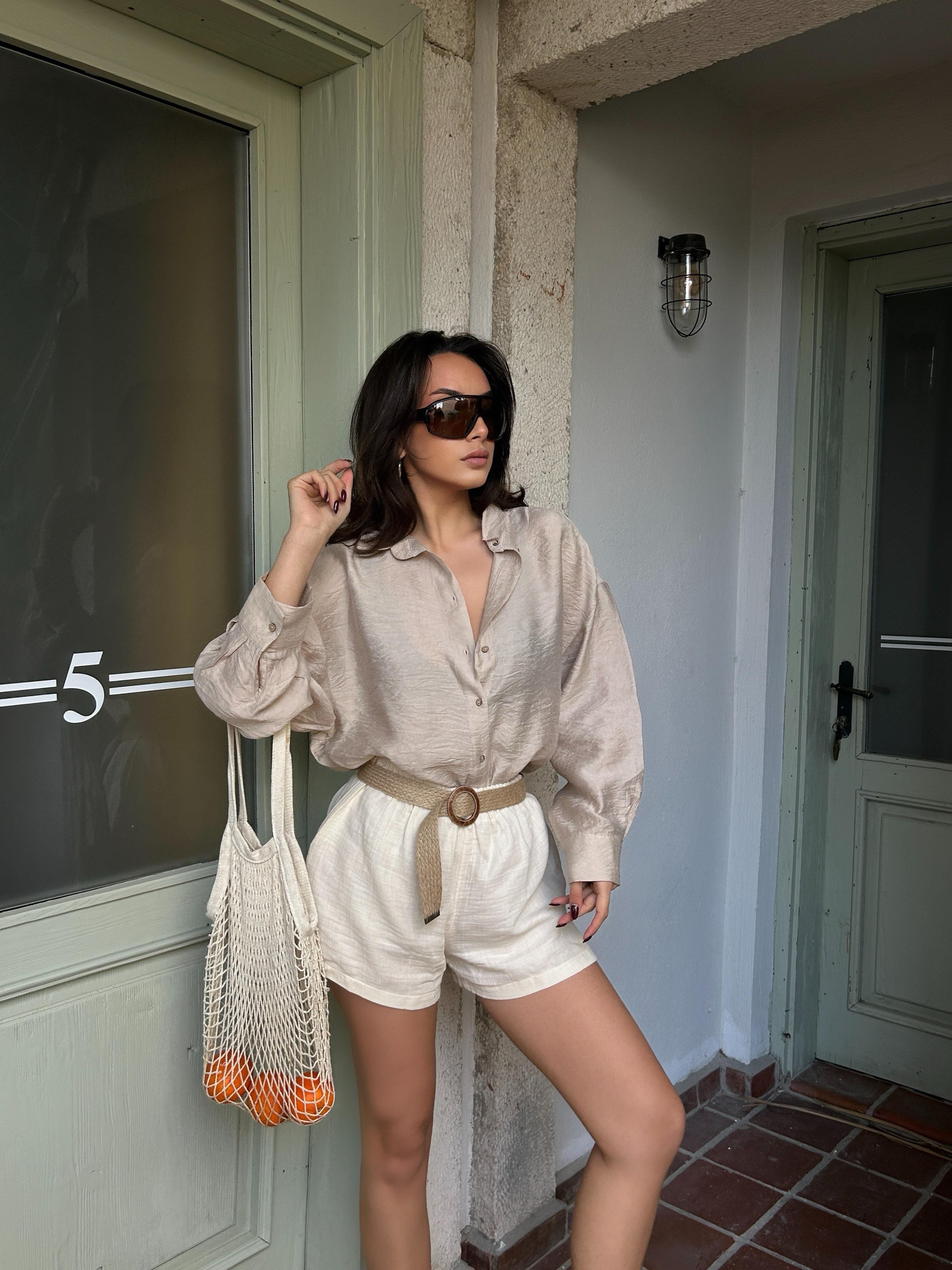 Kadın Taş Keten Oversize Hasır Kemerli Tunik Gömlek 29049
