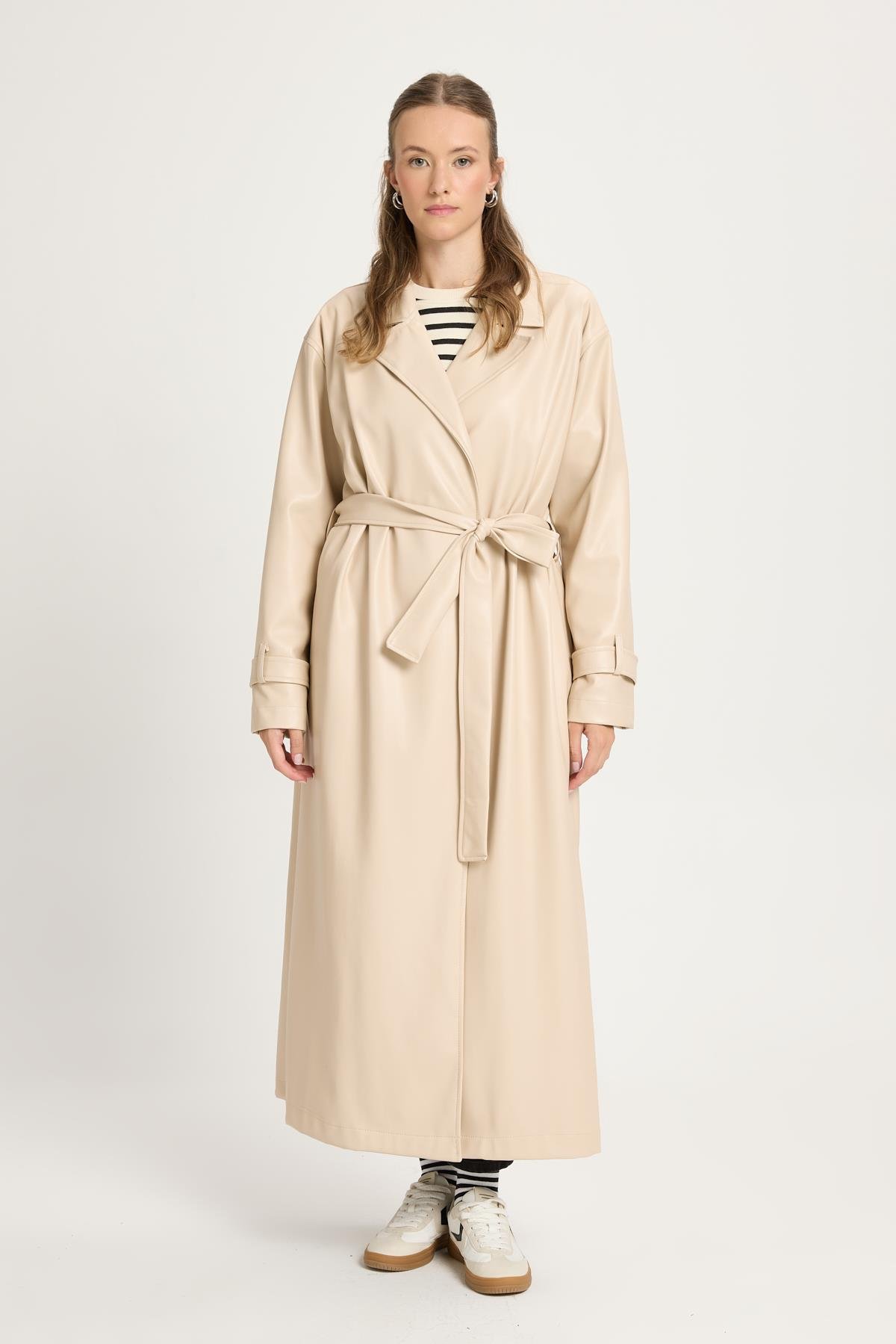 Kadın Taş Oversize Astarsız Tam Boy Deri Trench 30022