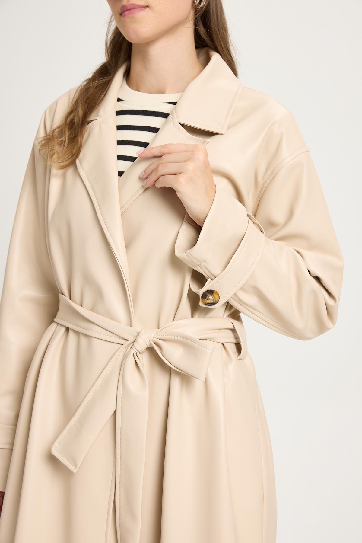 Kadın Taş Oversize Astarsız Tam Boy Deri Trench 30022