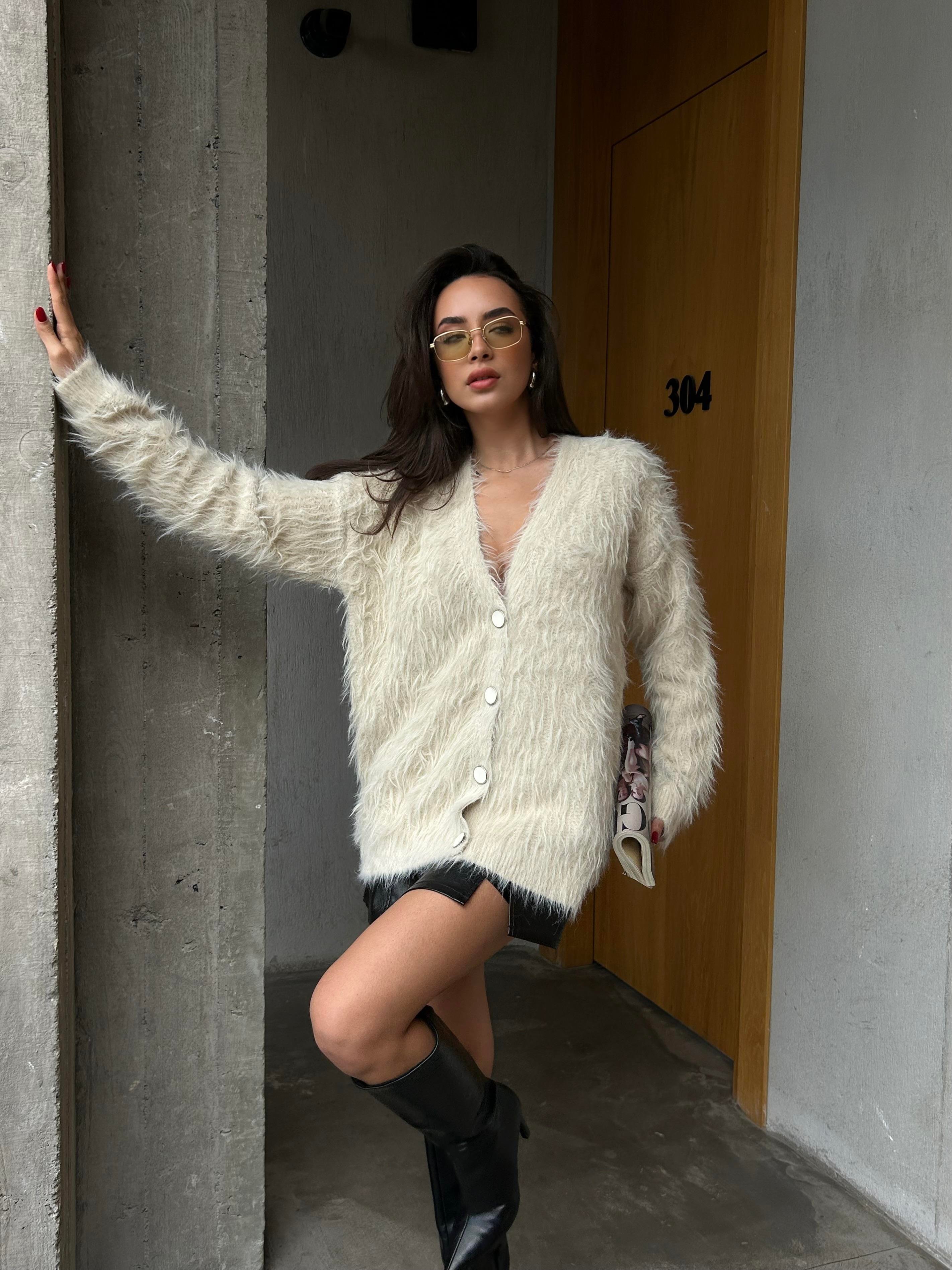 Kadın Taş Peluş Oversize Triko Hırka 91