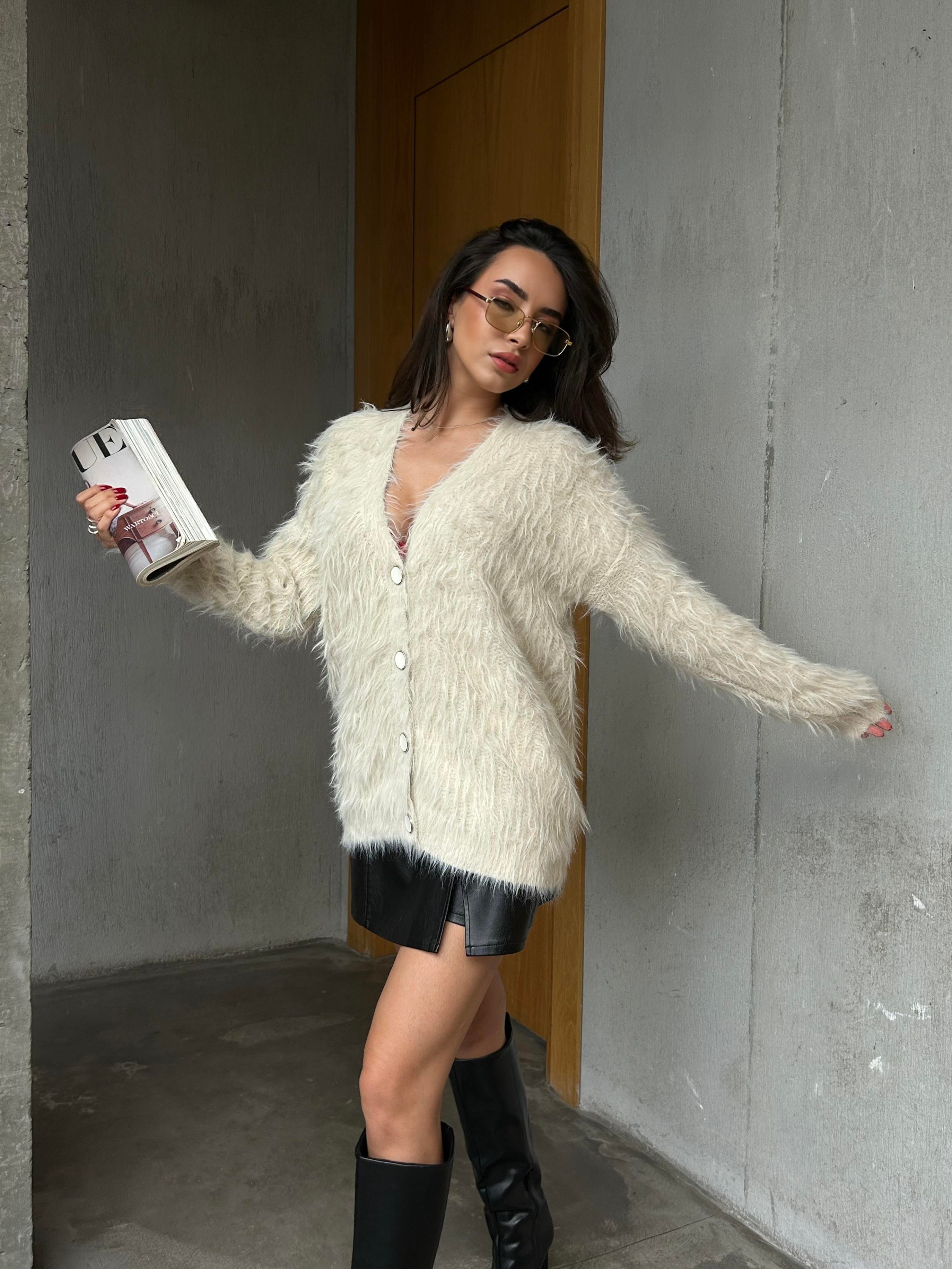 Kadın Taş Peluş Oversize Triko Hırka 91