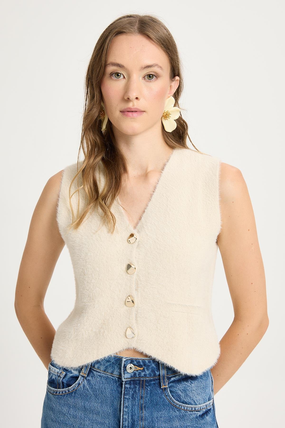 Kadın Taş Triko Yelek Gold Düğme Detaylı Yumuşak Dokulu 2541