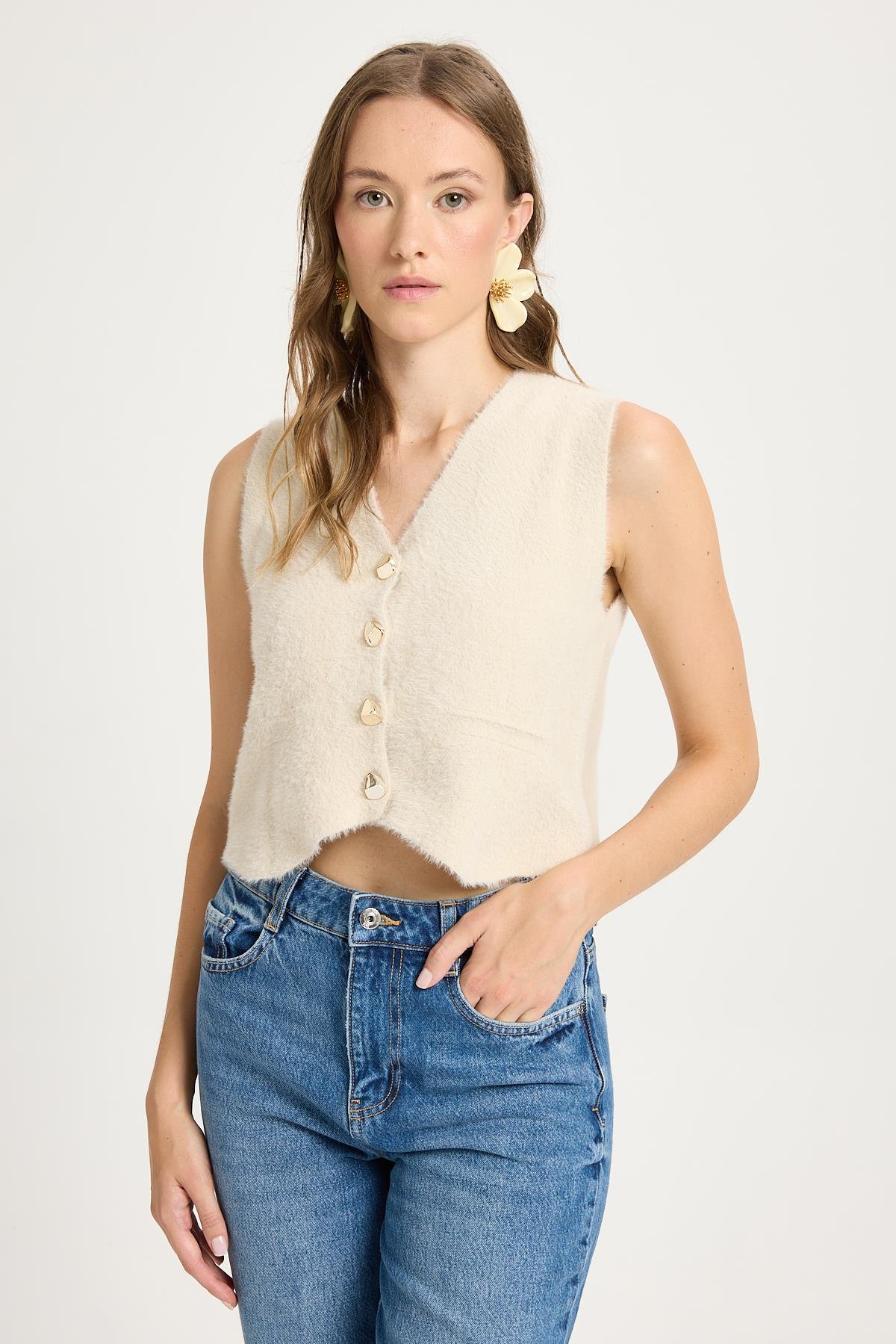 Kadın Taş Triko Yelek Gold Düğme Detaylı Yumuşak Dokulu 2541