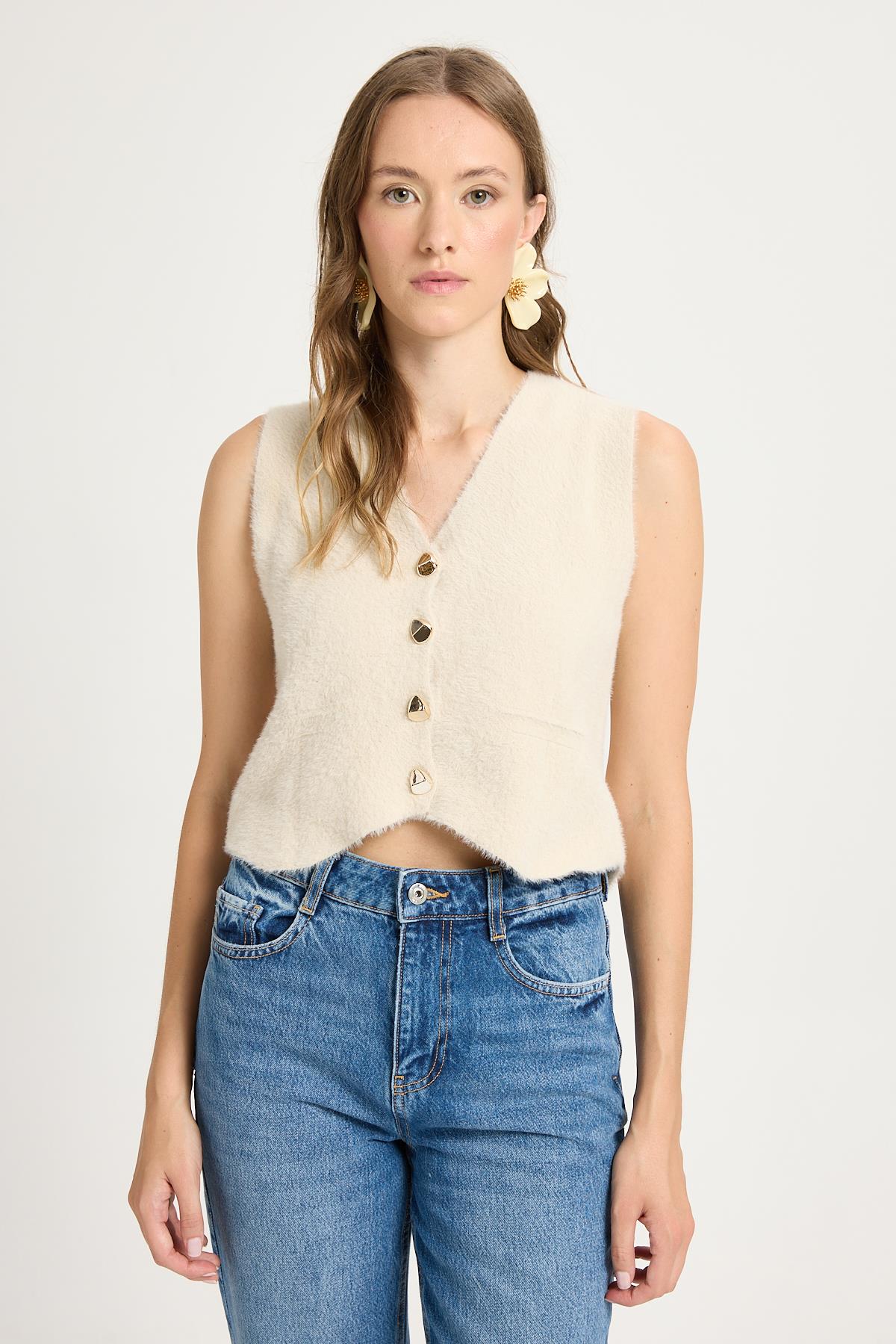 Kadın Taş Triko Yelek Gold Düğme Detaylı Yumuşak Dokulu 2541