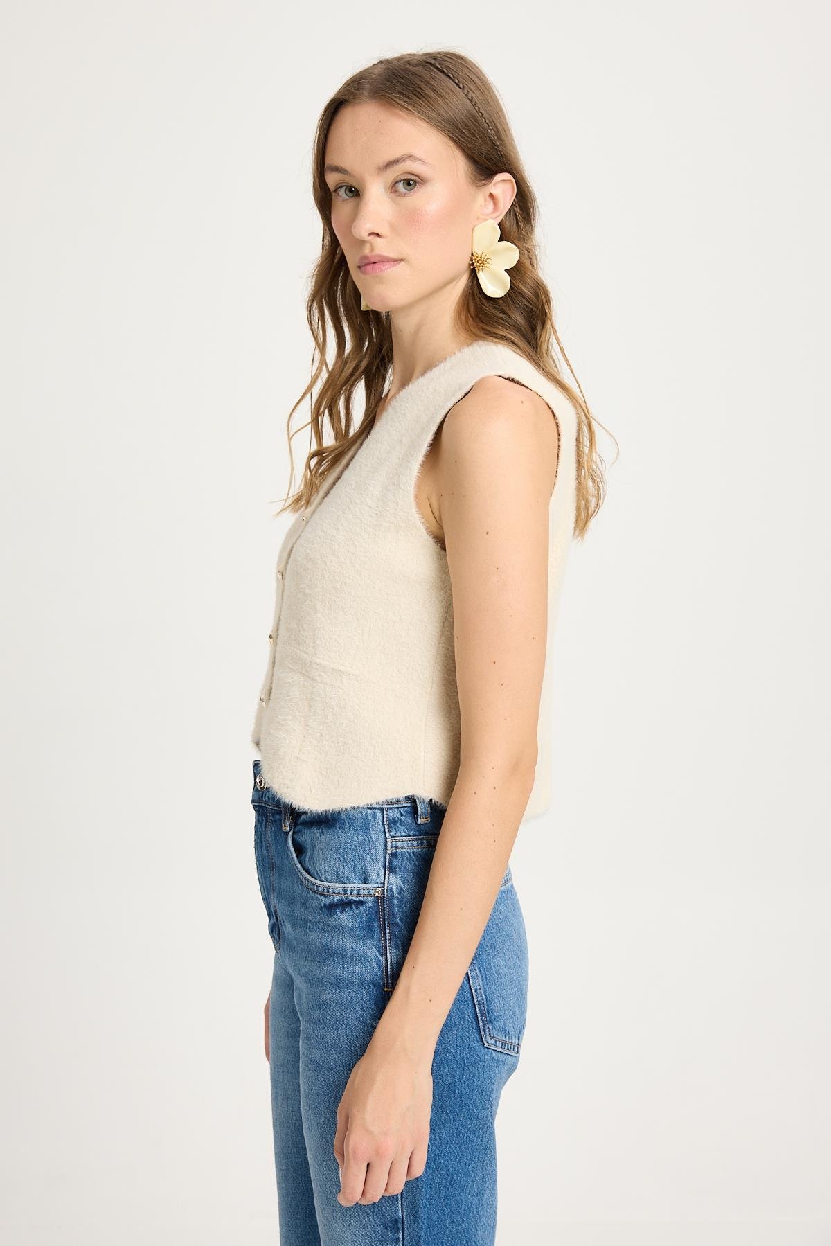 Kadın Taş Triko Yelek Gold Düğme Detaylı Yumuşak Dokulu 2541