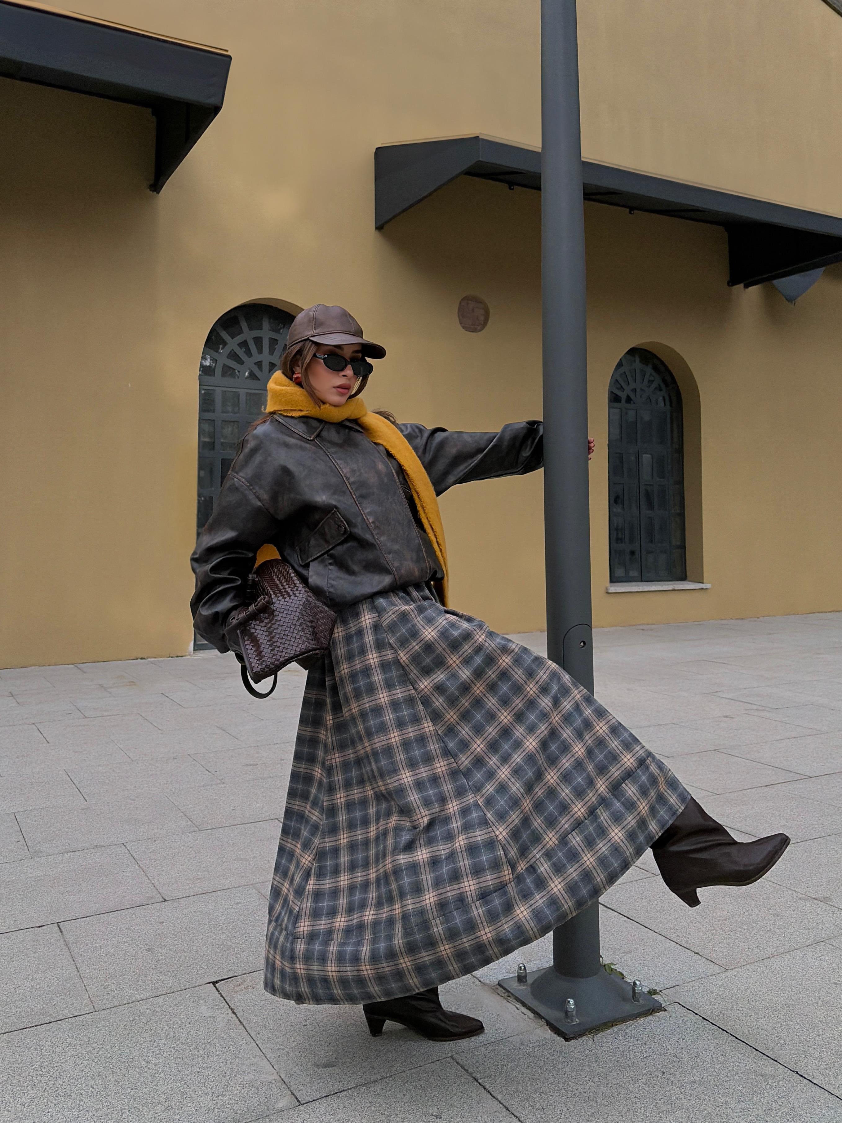 Kadın Vizon Ekoseli Beli Lastikli Uzun Etek 31025