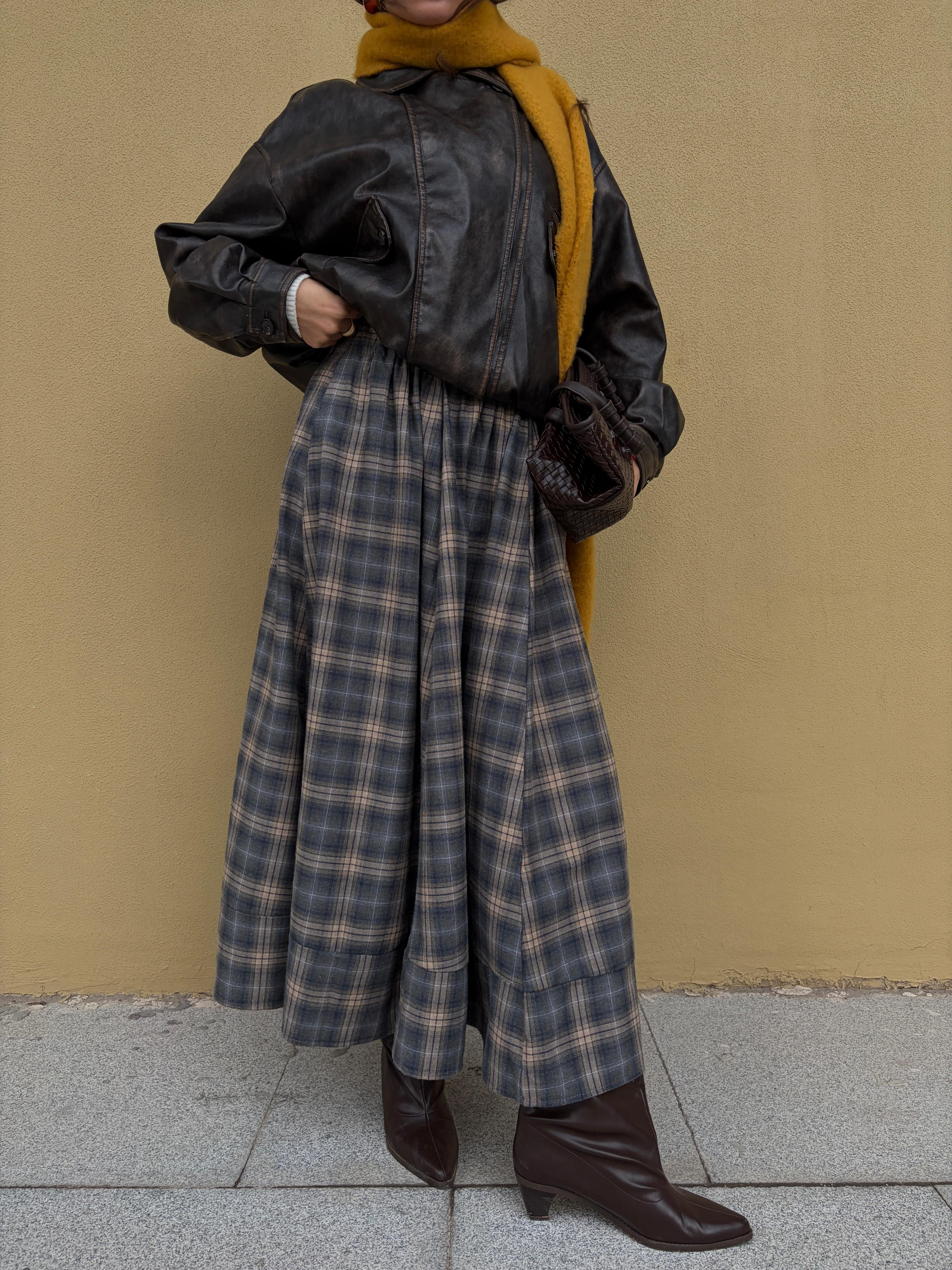 Kadın Vizon Ekoseli Beli Lastikli Uzun Etek 31025