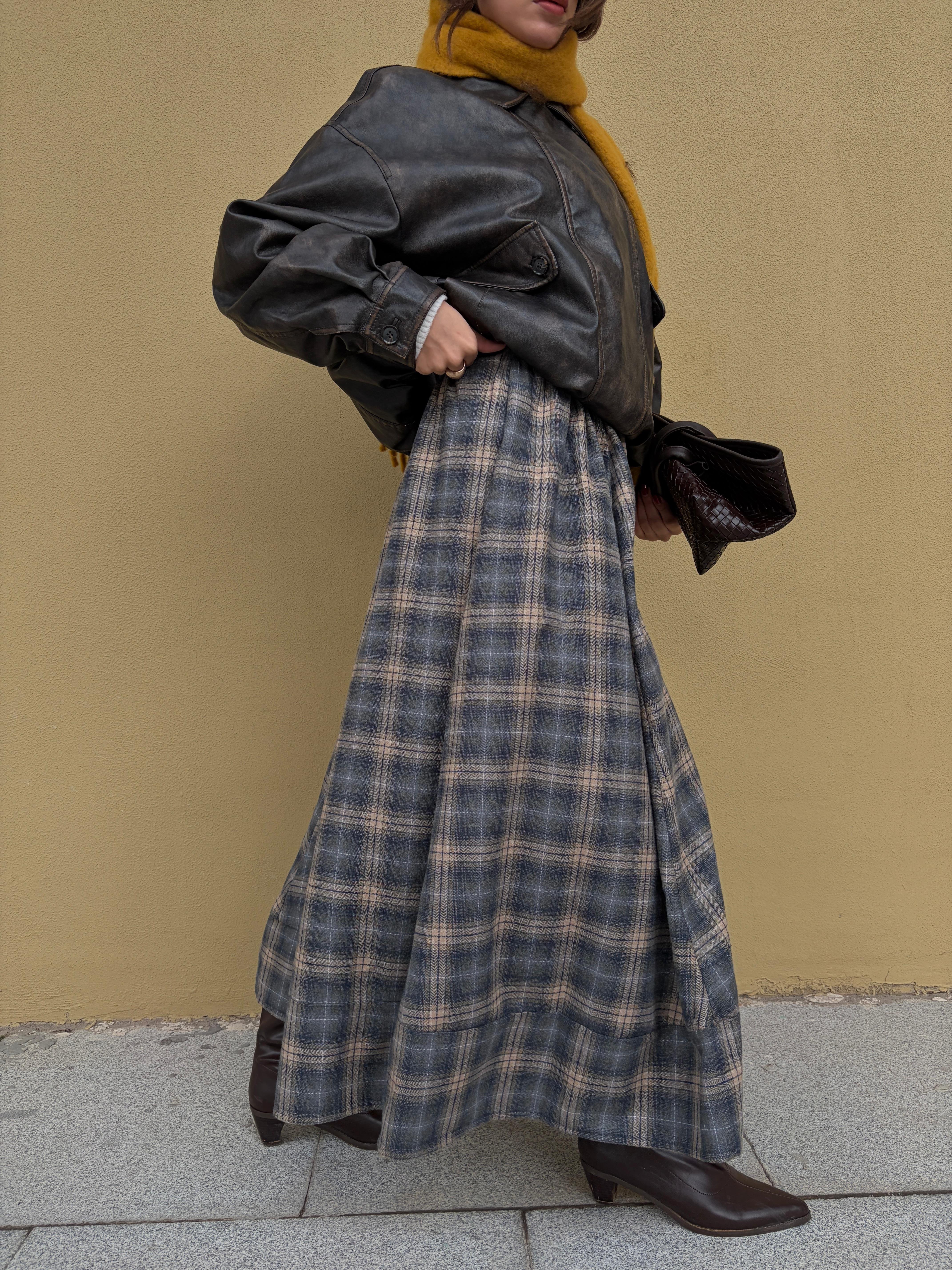 Kadın Vizon Ekoseli Beli Lastikli Uzun Etek 31025