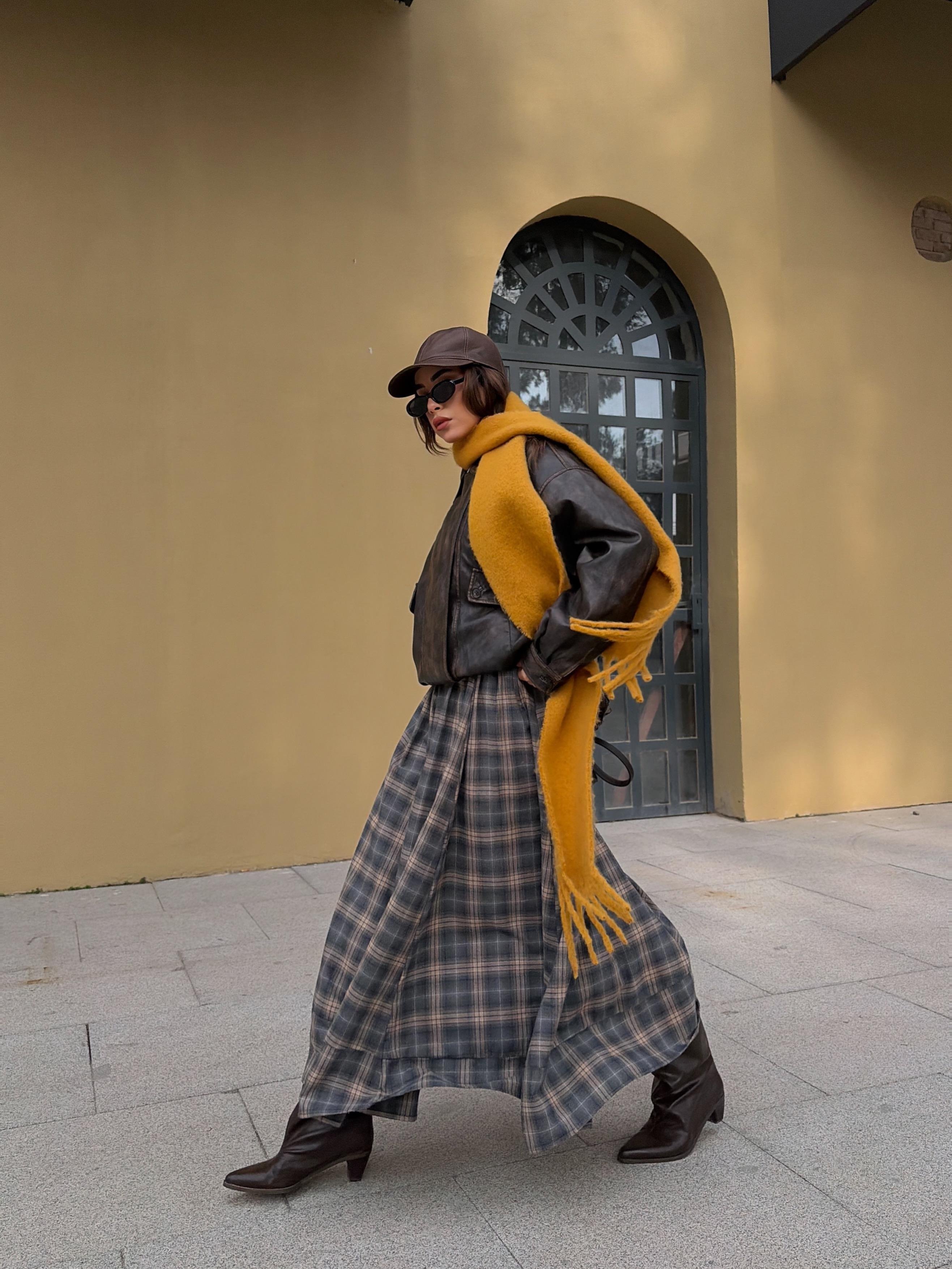 Kadın Vizon Ekoseli Beli Lastikli Uzun Etek 31025