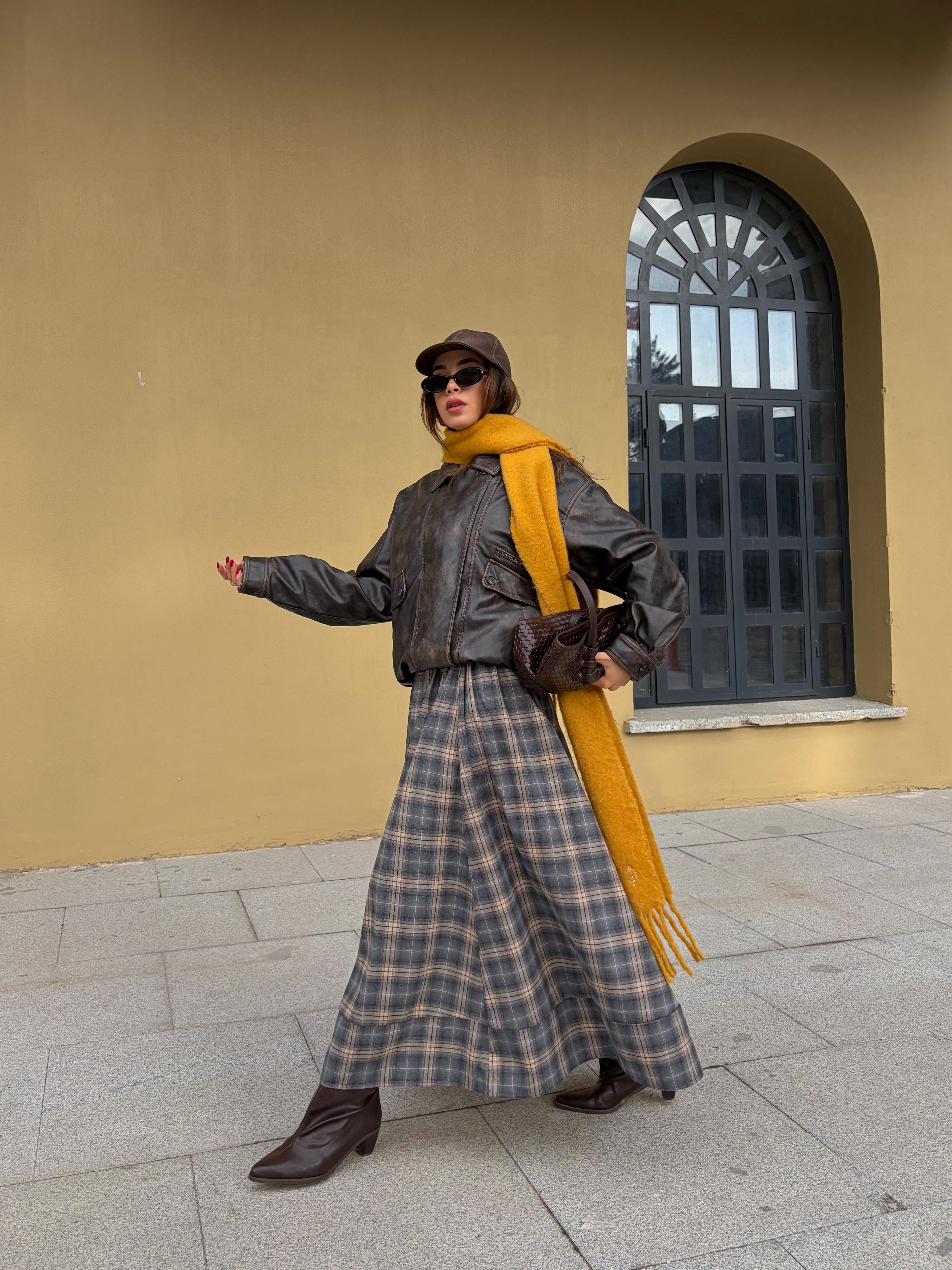 Kadın Vizon Ekoseli Beli Lastikli Uzun Etek 31025