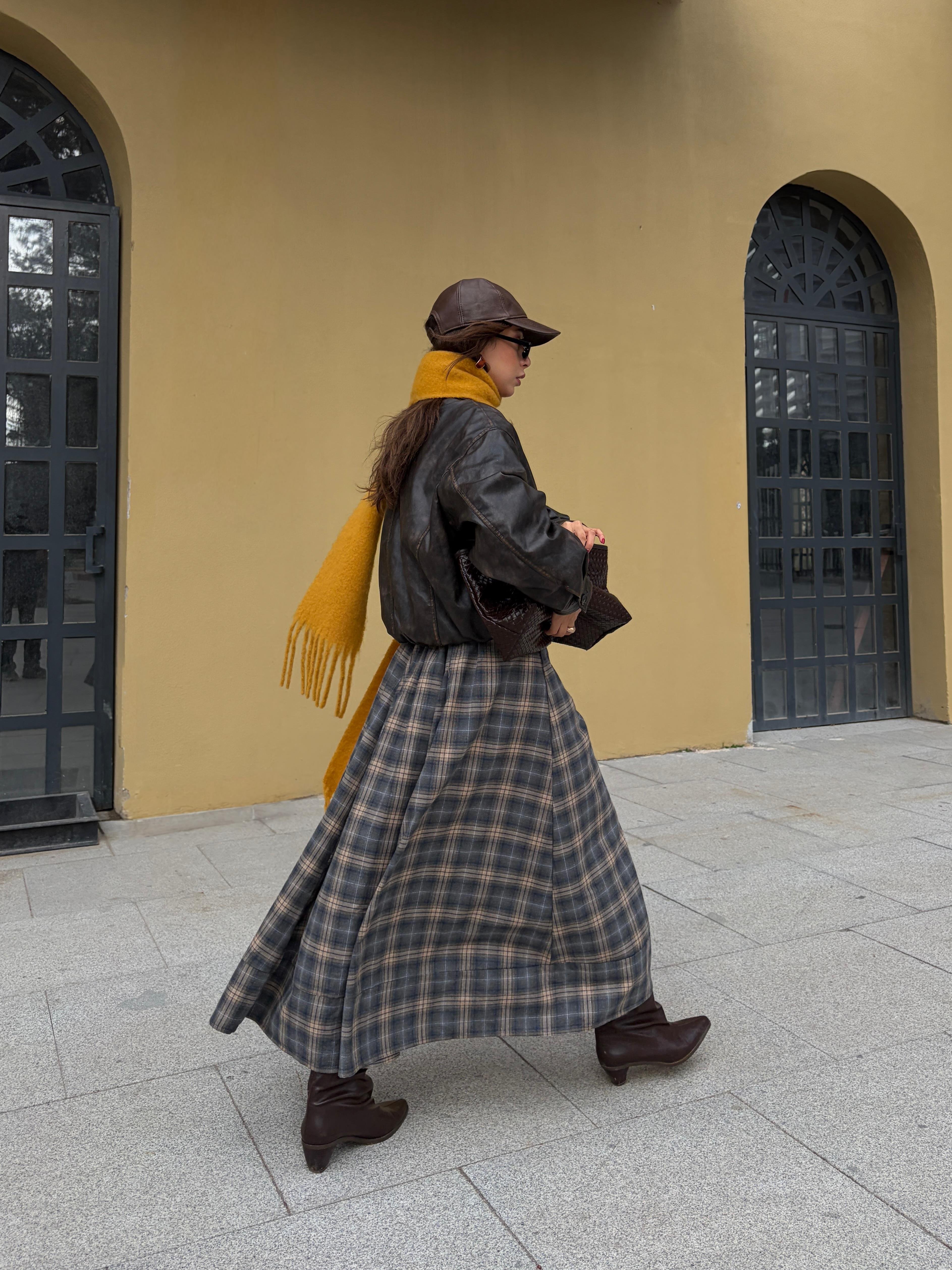 Kadın Vizon Ekoseli Beli Lastikli Uzun Etek 31025