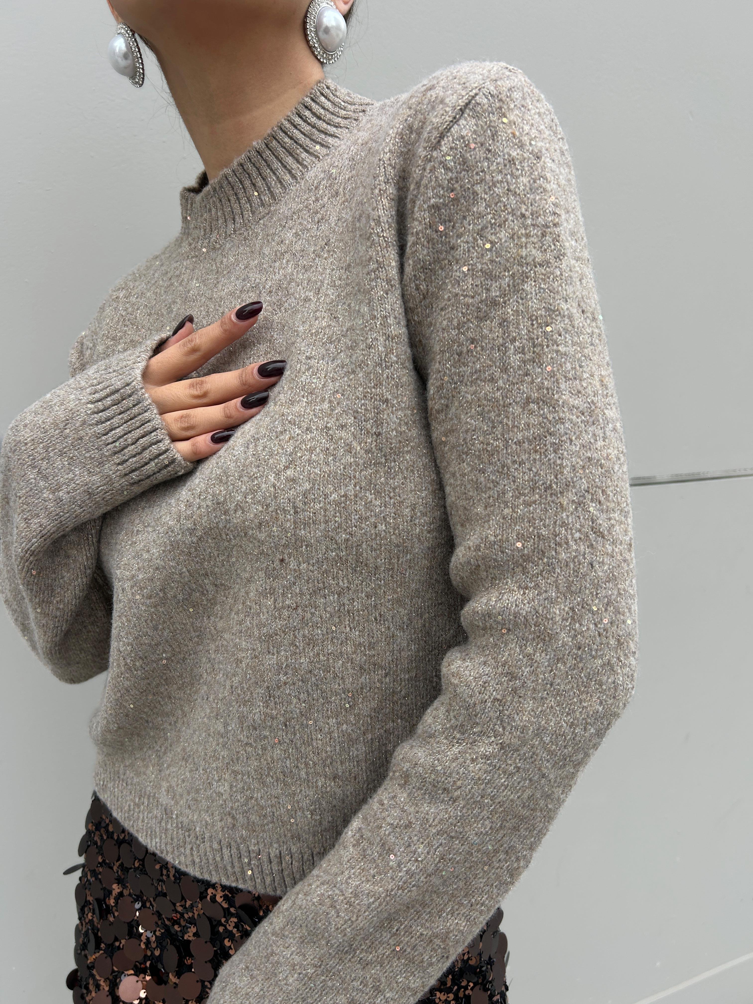 Kadın Vizon Triko Pullu Simli Bisiklet Yaka Kazak 5591