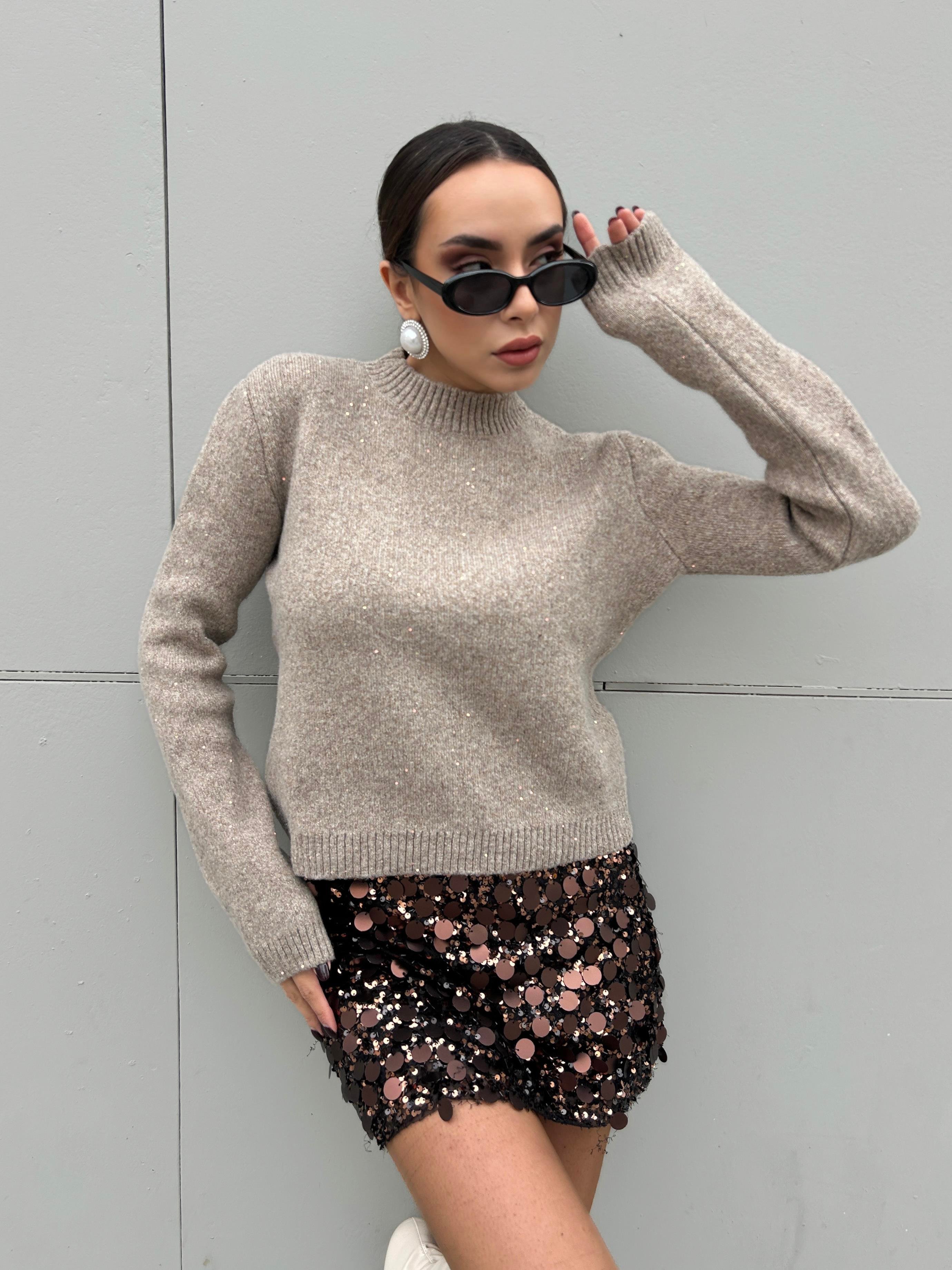 Kadın Vizon Triko Pullu Simli Bisiklet Yaka Kazak 5591