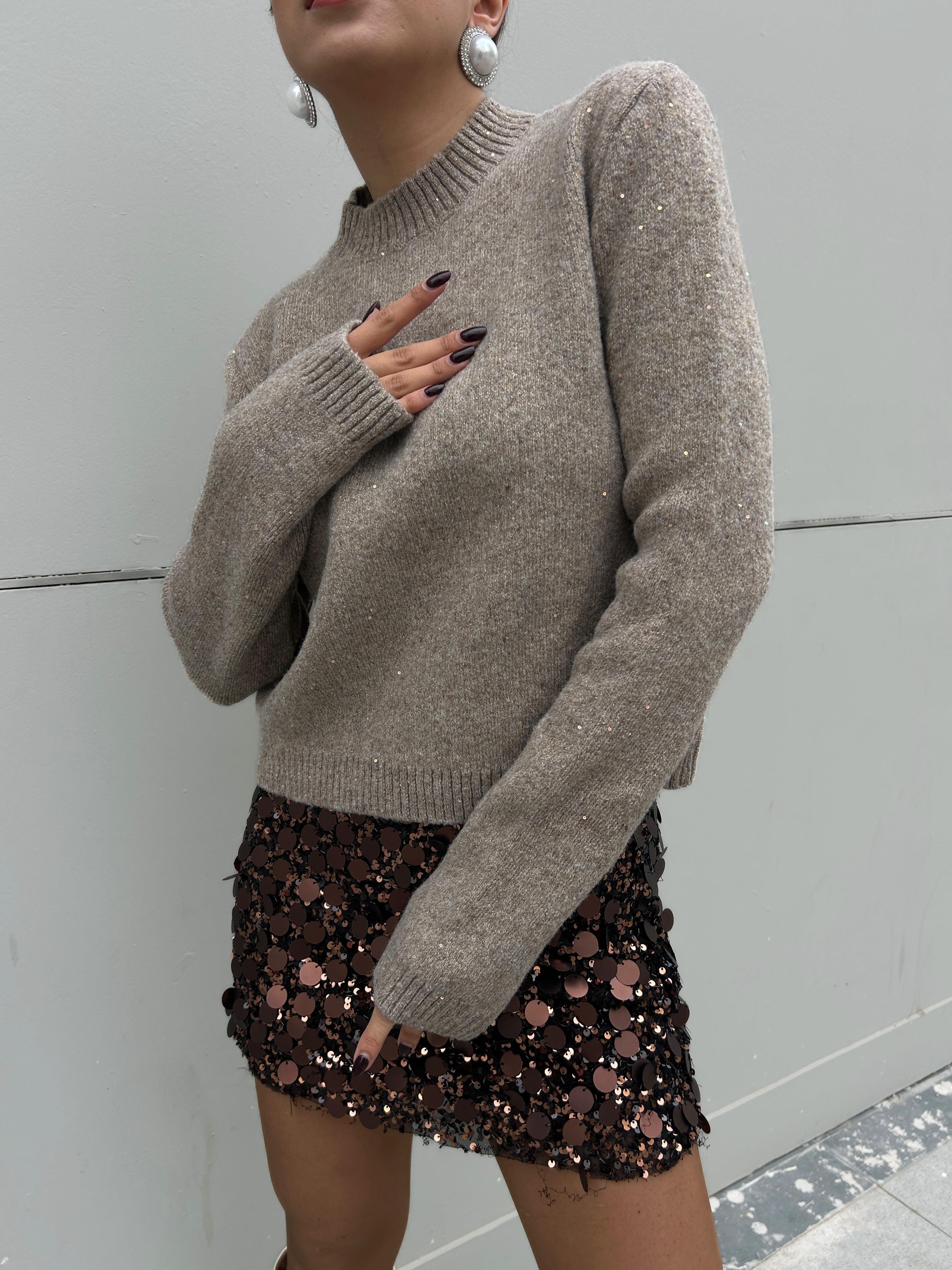 Kadın Vizon Triko Pullu Simli Bisiklet Yaka Kazak 5591