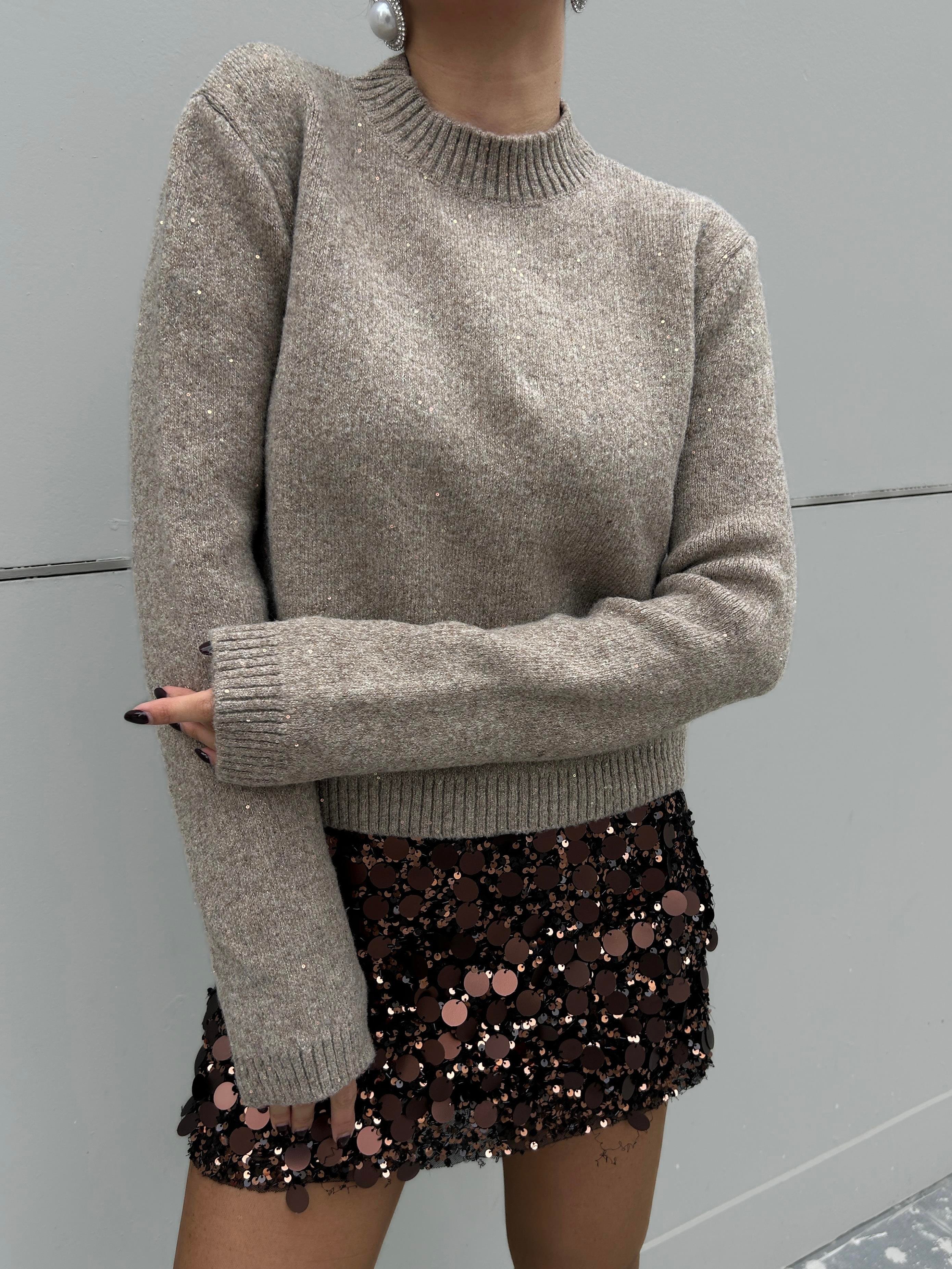 Kadın Vizon Triko Pullu Simli Bisiklet Yaka Kazak 5591