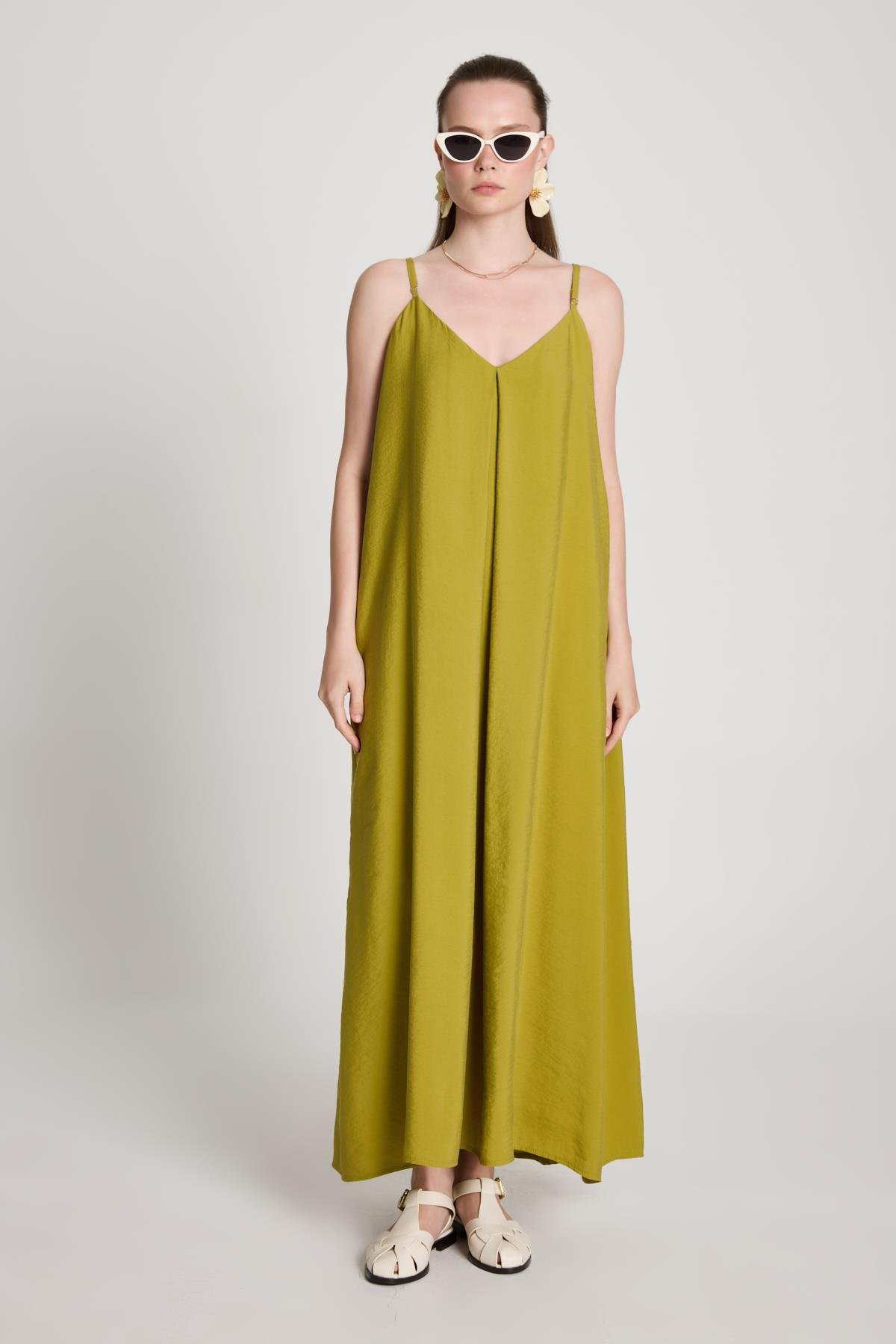 Kadın Yağ Yeşili %100 Modal Askılı Bol Kesim Uzun Elbise 29201