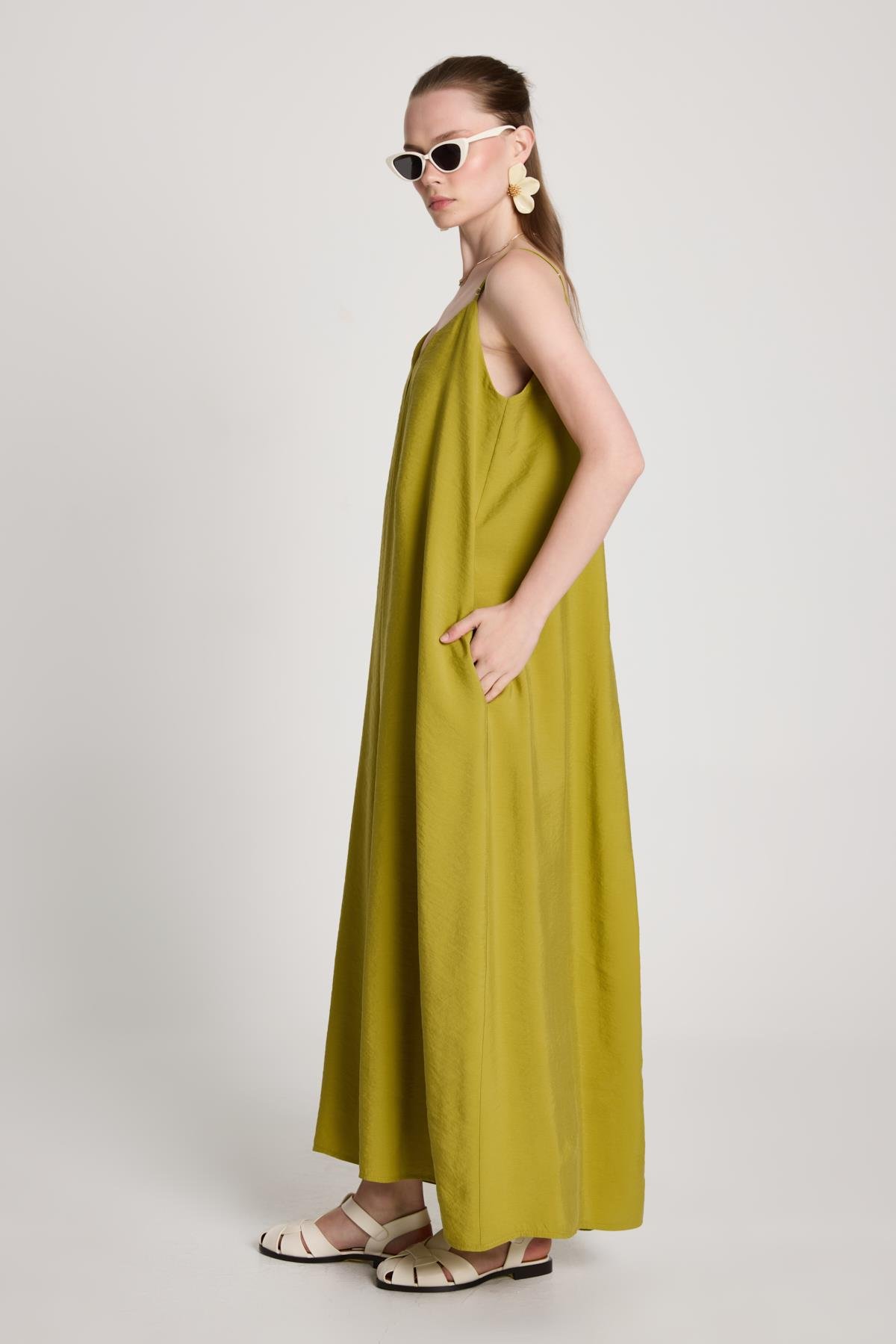 Kadın Yağ Yeşili %100 Modal Askılı Bol Kesim Uzun Elbise 29201