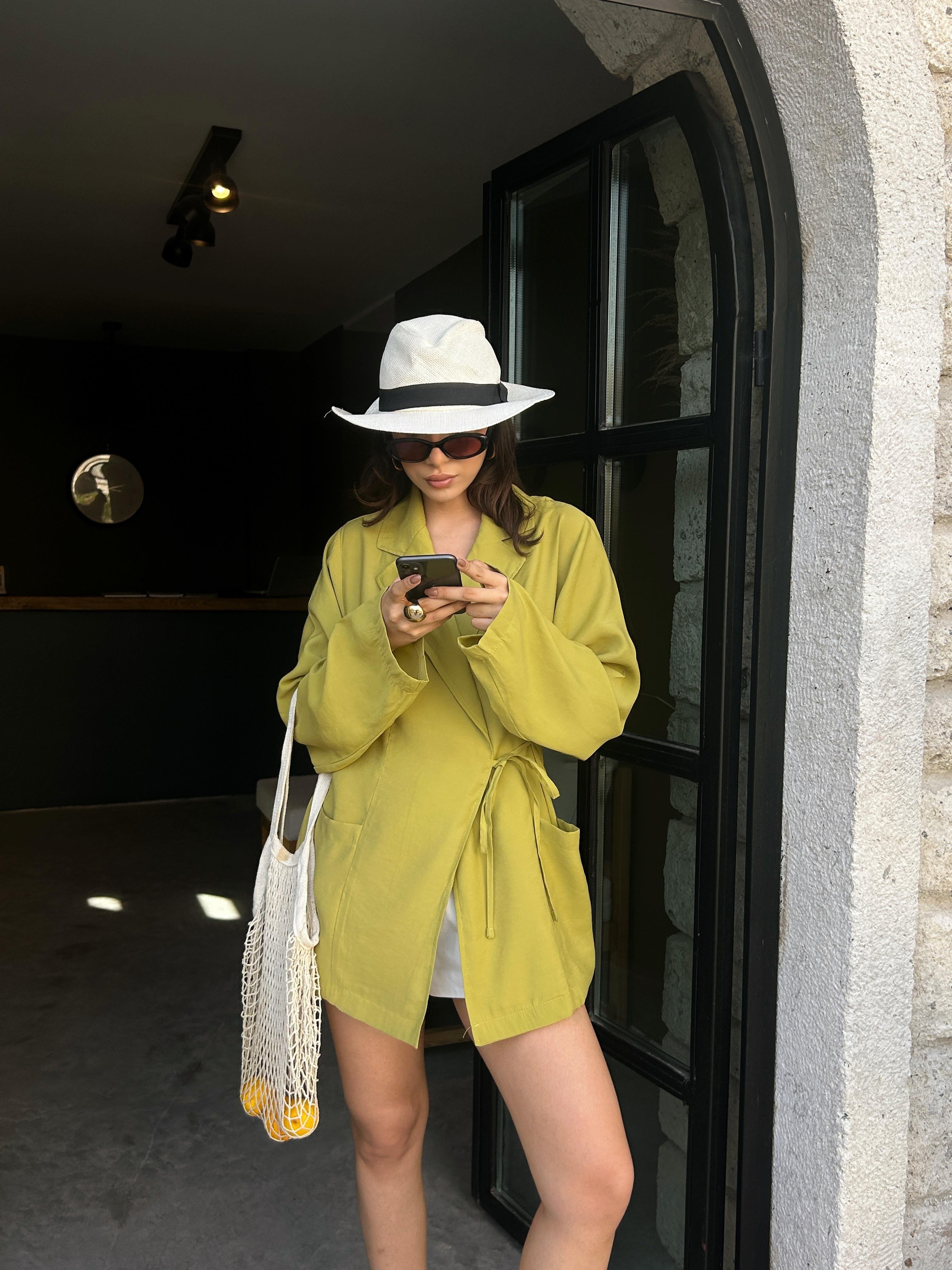 Kadın Yağ Yeşili %100 Modal Kumaş Bağlamalı Oversize Ceket 29106