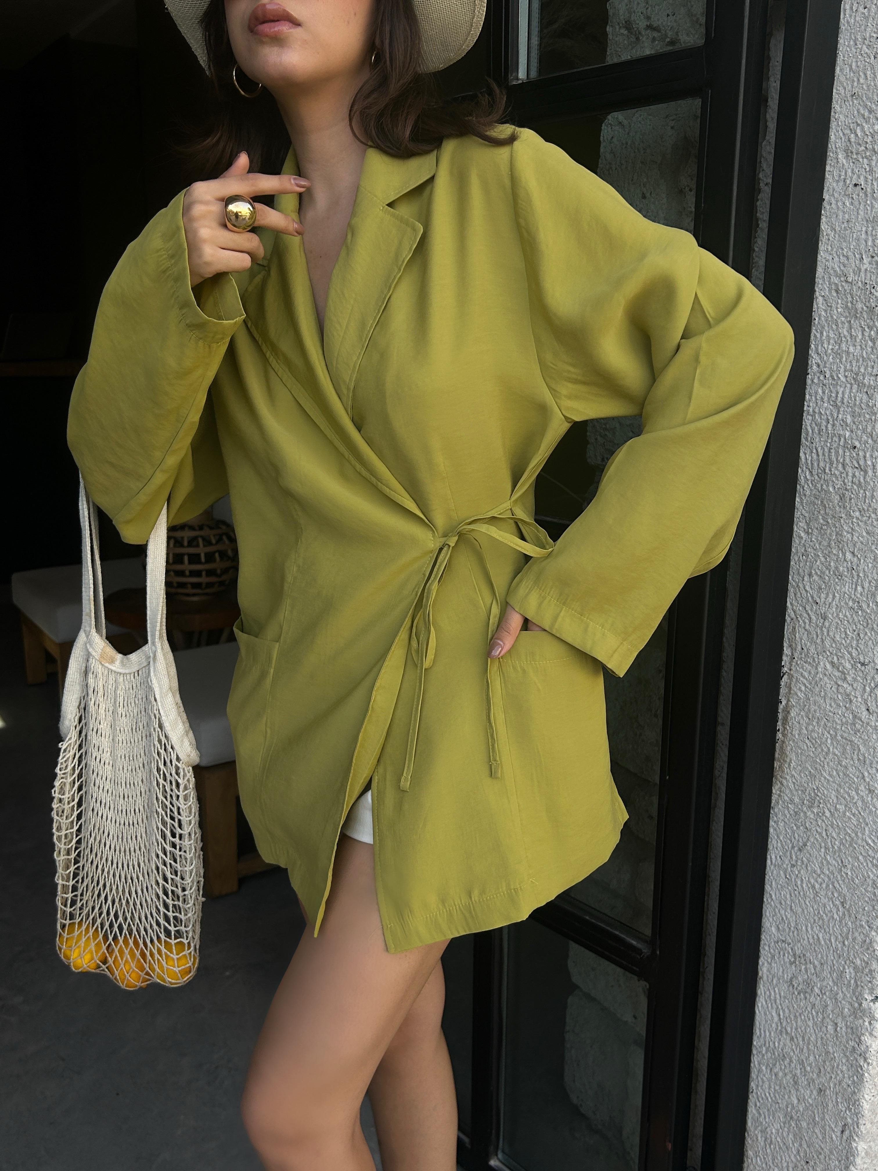 Kadın Yağ Yeşili %100 Modal Kumaş Bağlamalı Oversize Ceket 29106