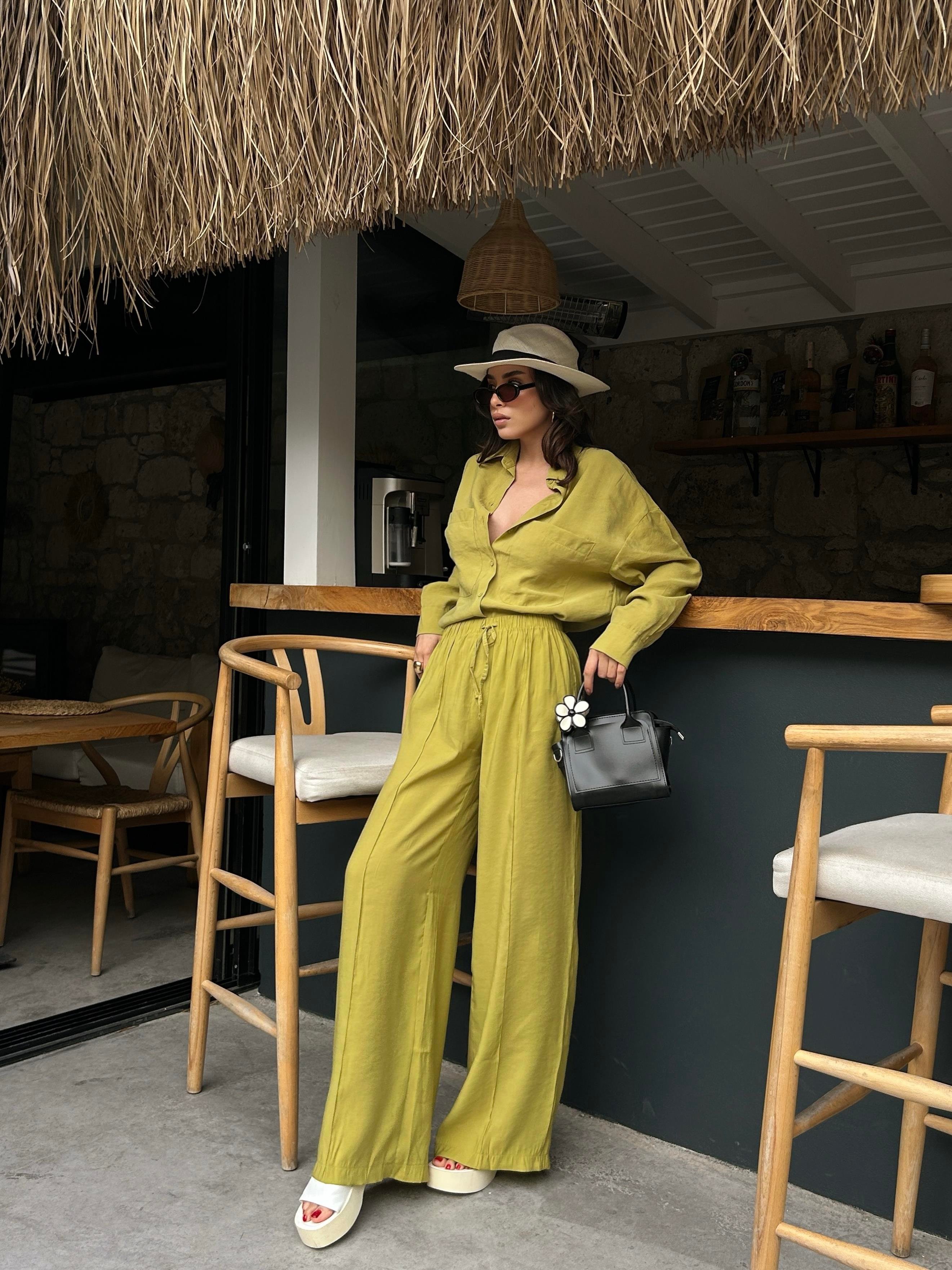 Kadın Yağ Yeşili %100 Modal Kumaş Cep Detaylı Oversize Uzun Gömlek 29108