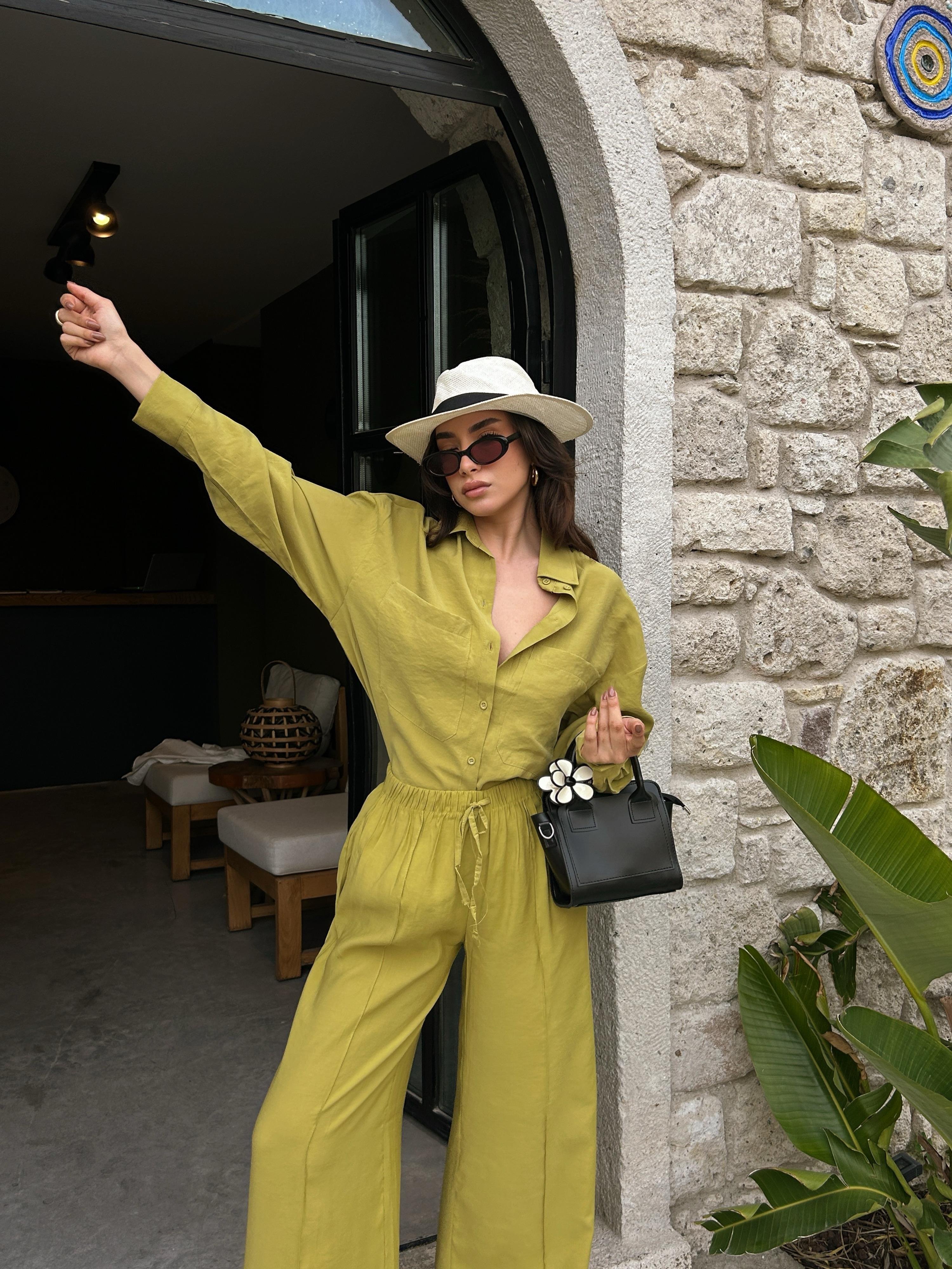 Kadın Yağ Yeşili %100 Modal Kumaş Cep Detaylı Oversize Uzun Gömlek 29108