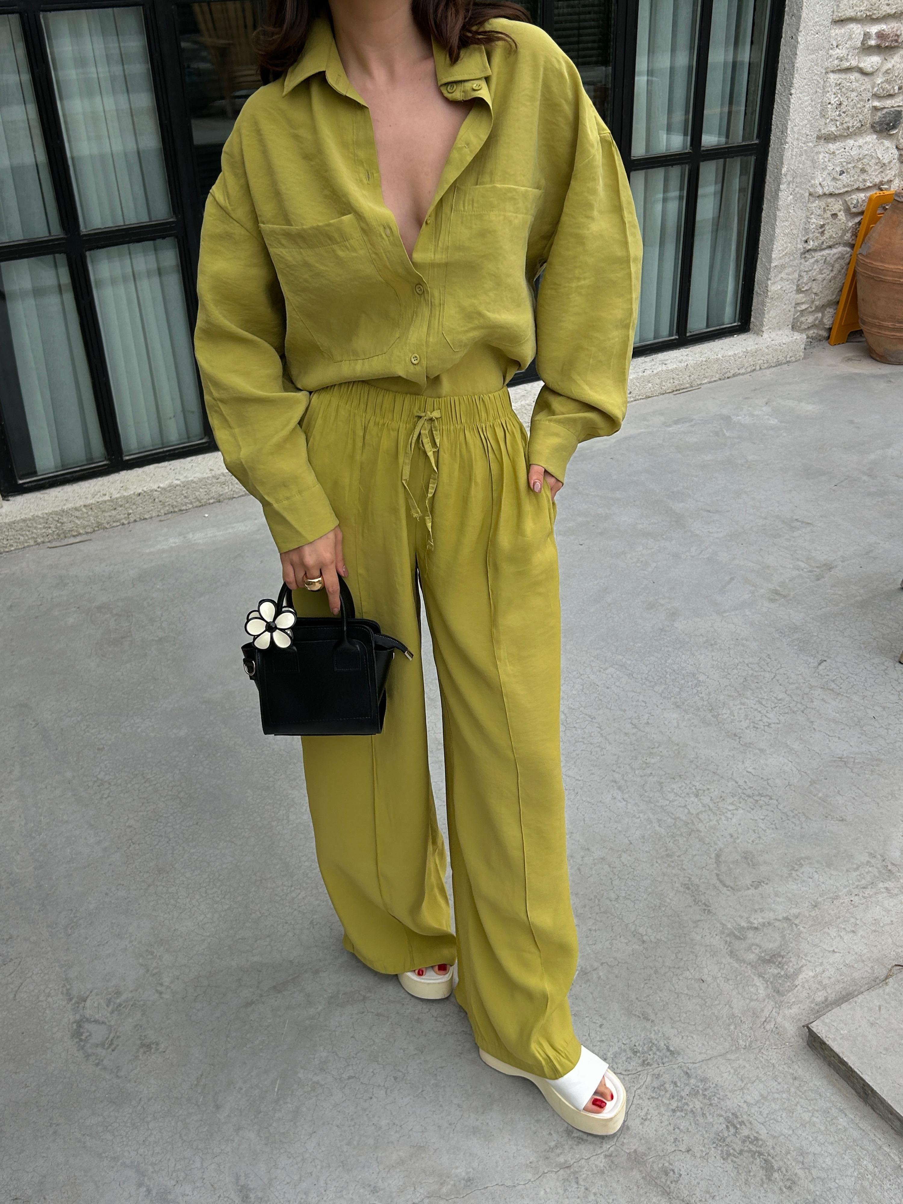 Kadın Yağ Yeşili %100 Modal Kumaş Cep Detaylı Oversize Uzun Gömlek 29108