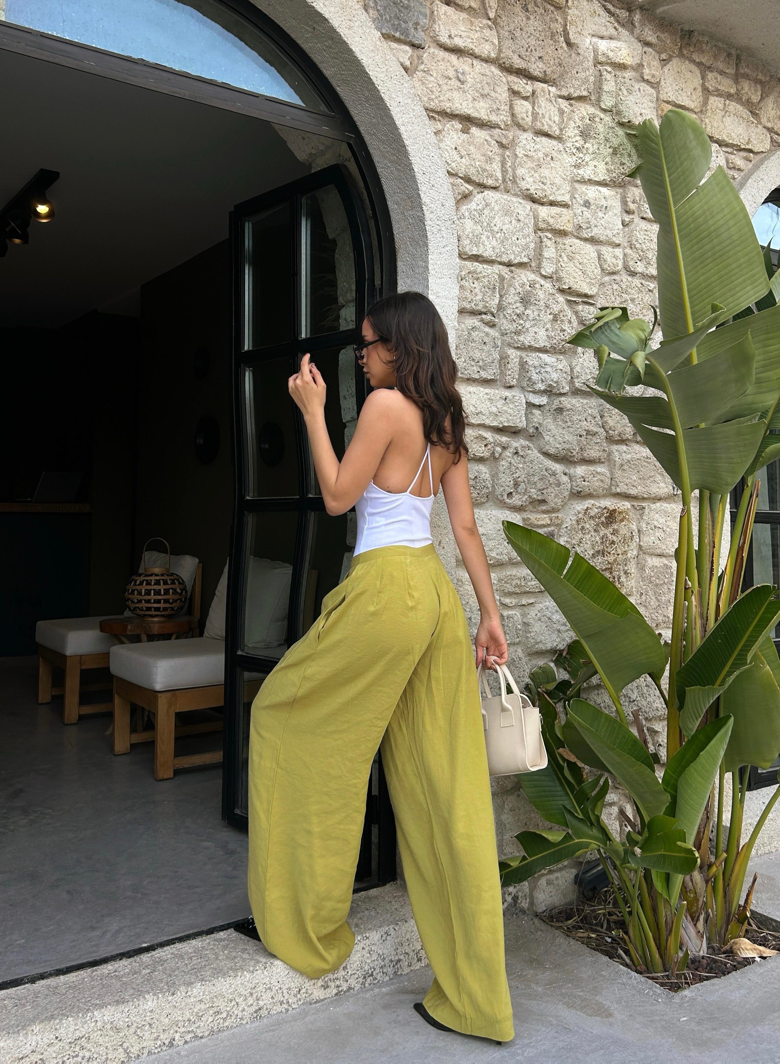 Kadın Yağ Yeşili %100 Modal Kumaş Pileli Geniş Kesim Pantolon 29110