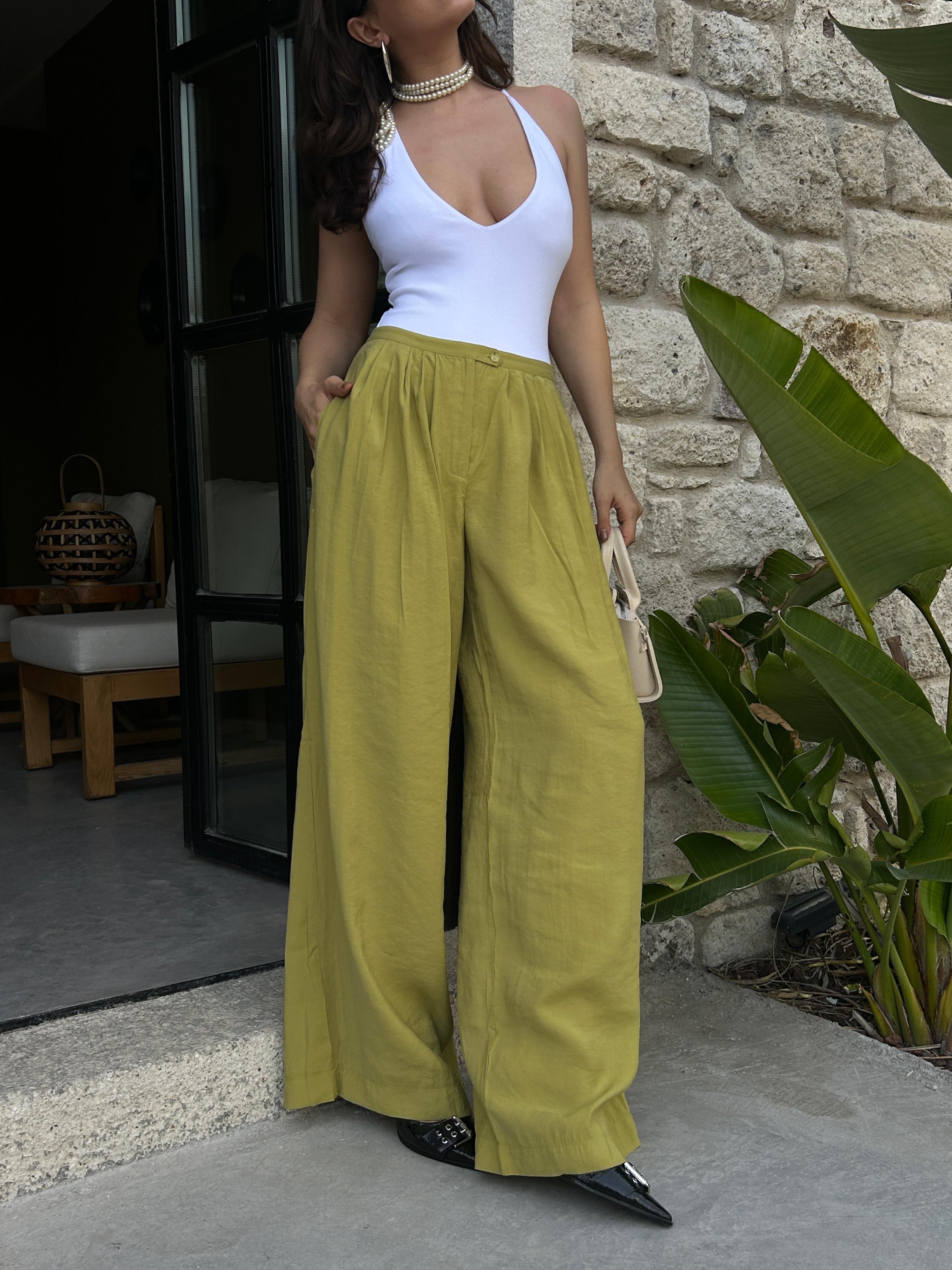 Kadın Yağ Yeşili %100 Modal Kumaş Pileli Geniş Kesim Pantolon 29110