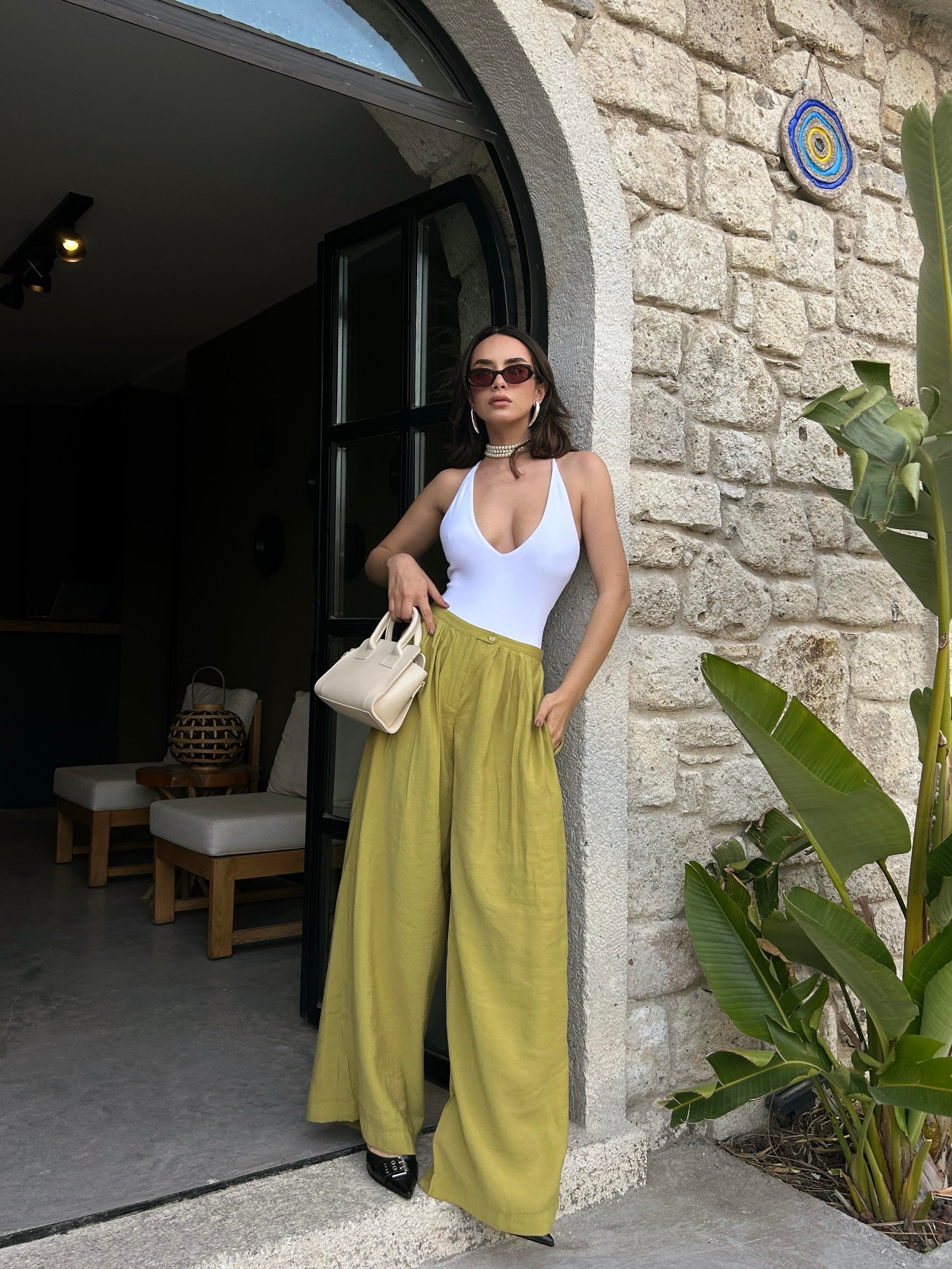 Kadın Yağ Yeşili %100 Modal Kumaş Pileli Geniş Kesim Pantolon 29110