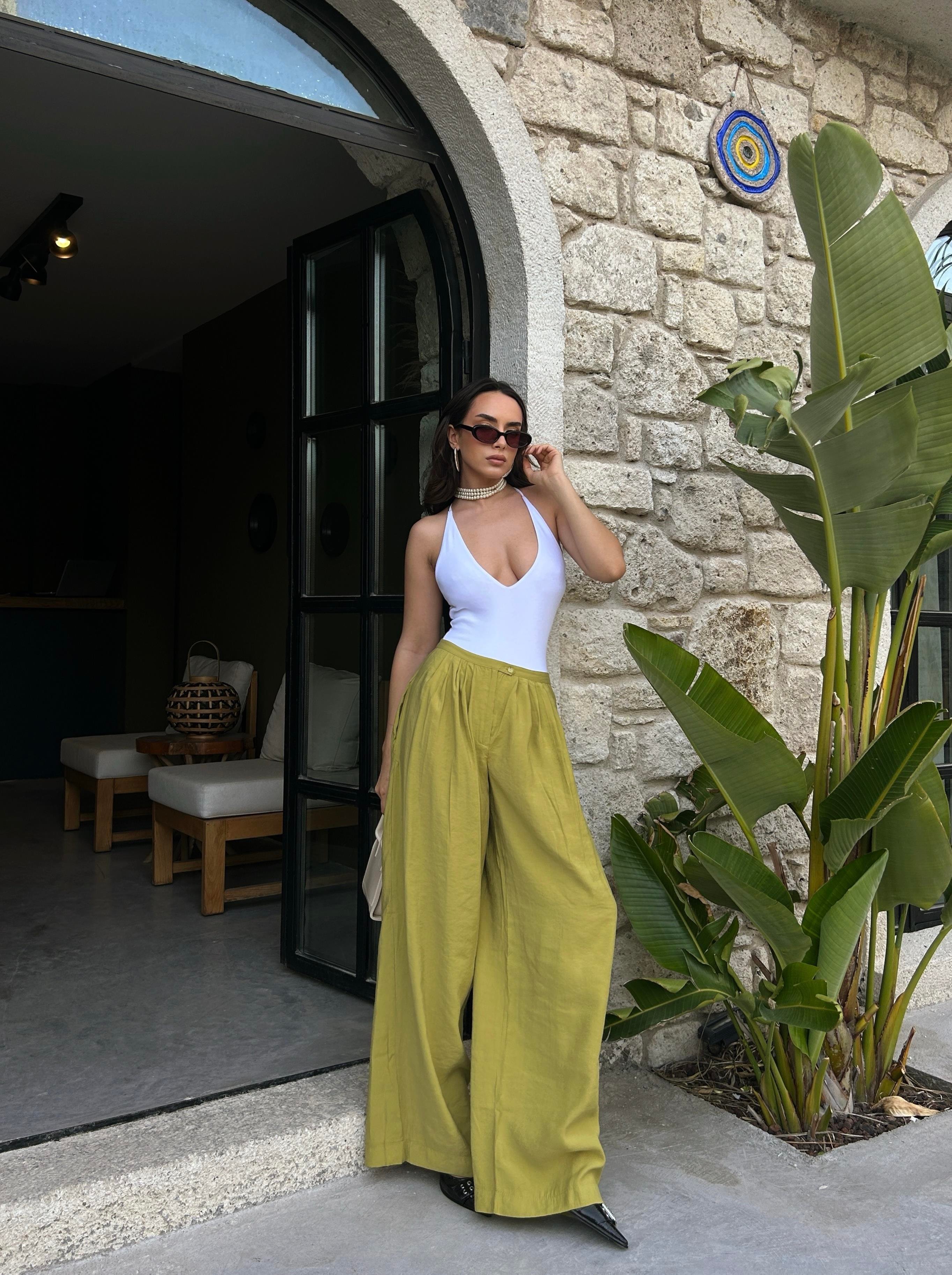 Kadın Yağ Yeşili %100 Modal Kumaş Pileli Geniş Kesim Pantolon 29110