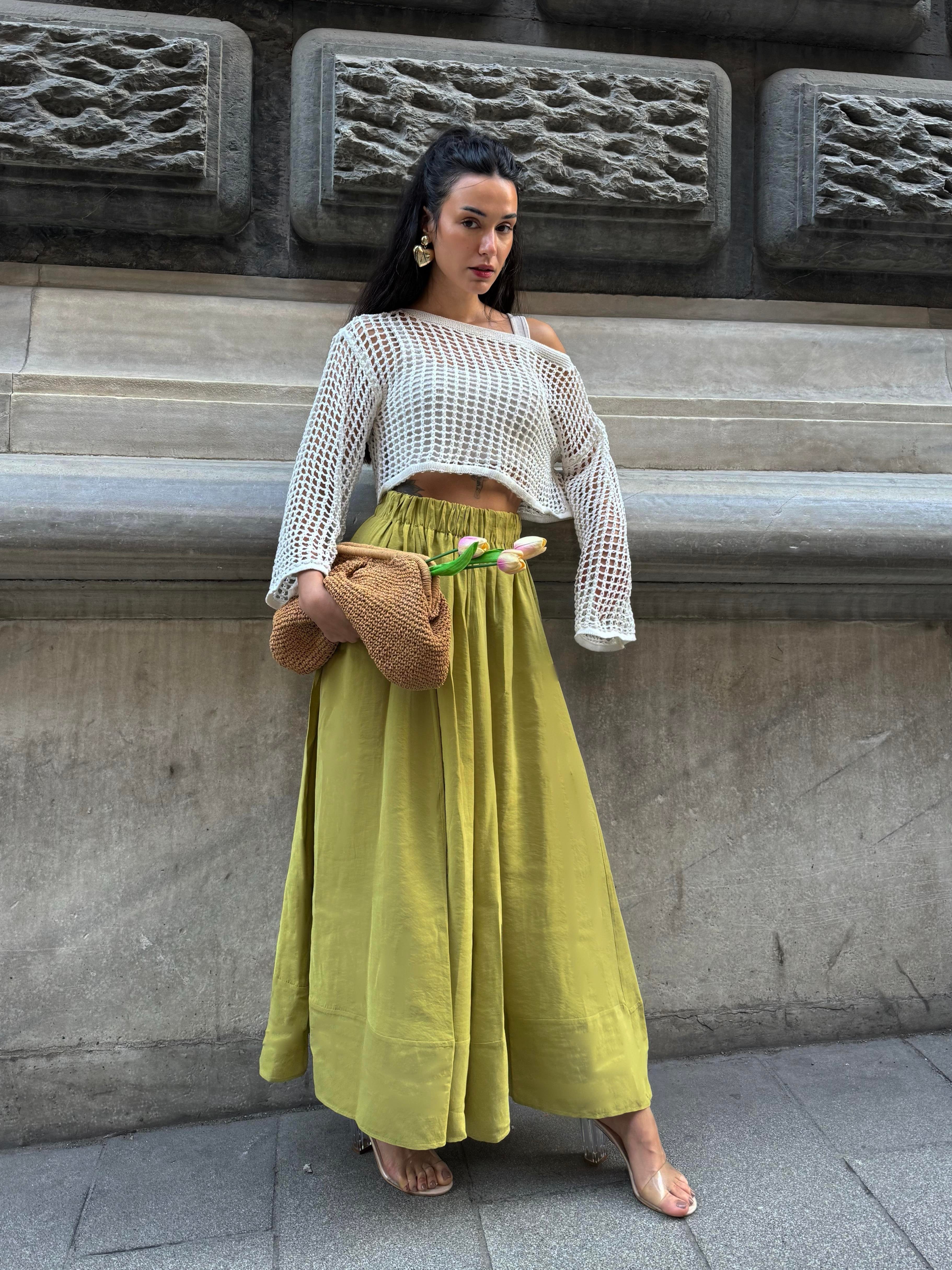 Kadın Yağ Yeşili %100 Modal Uzun Etek 29078