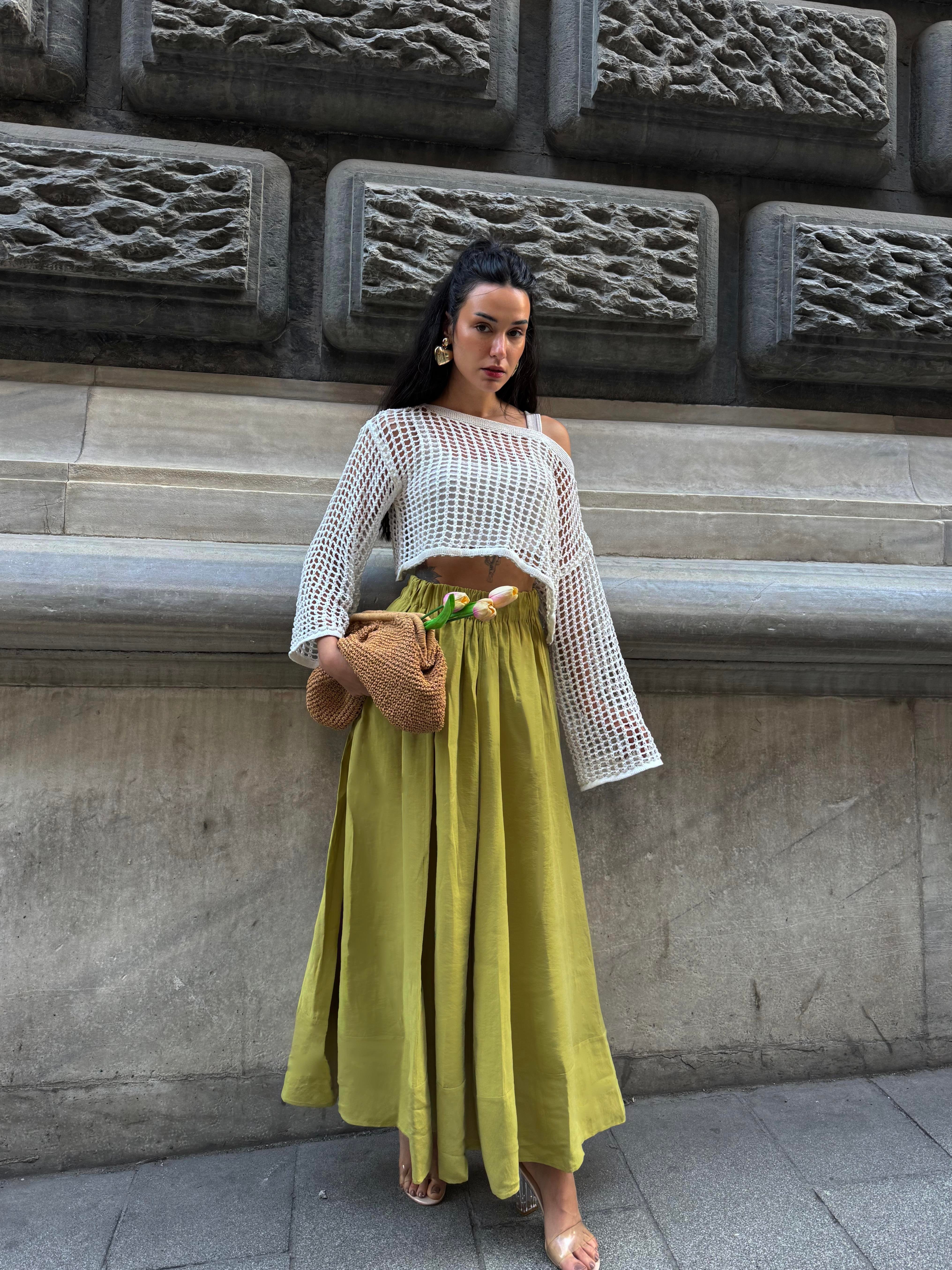 Kadın Yağ Yeşili %100 Modal Uzun Etek 29078