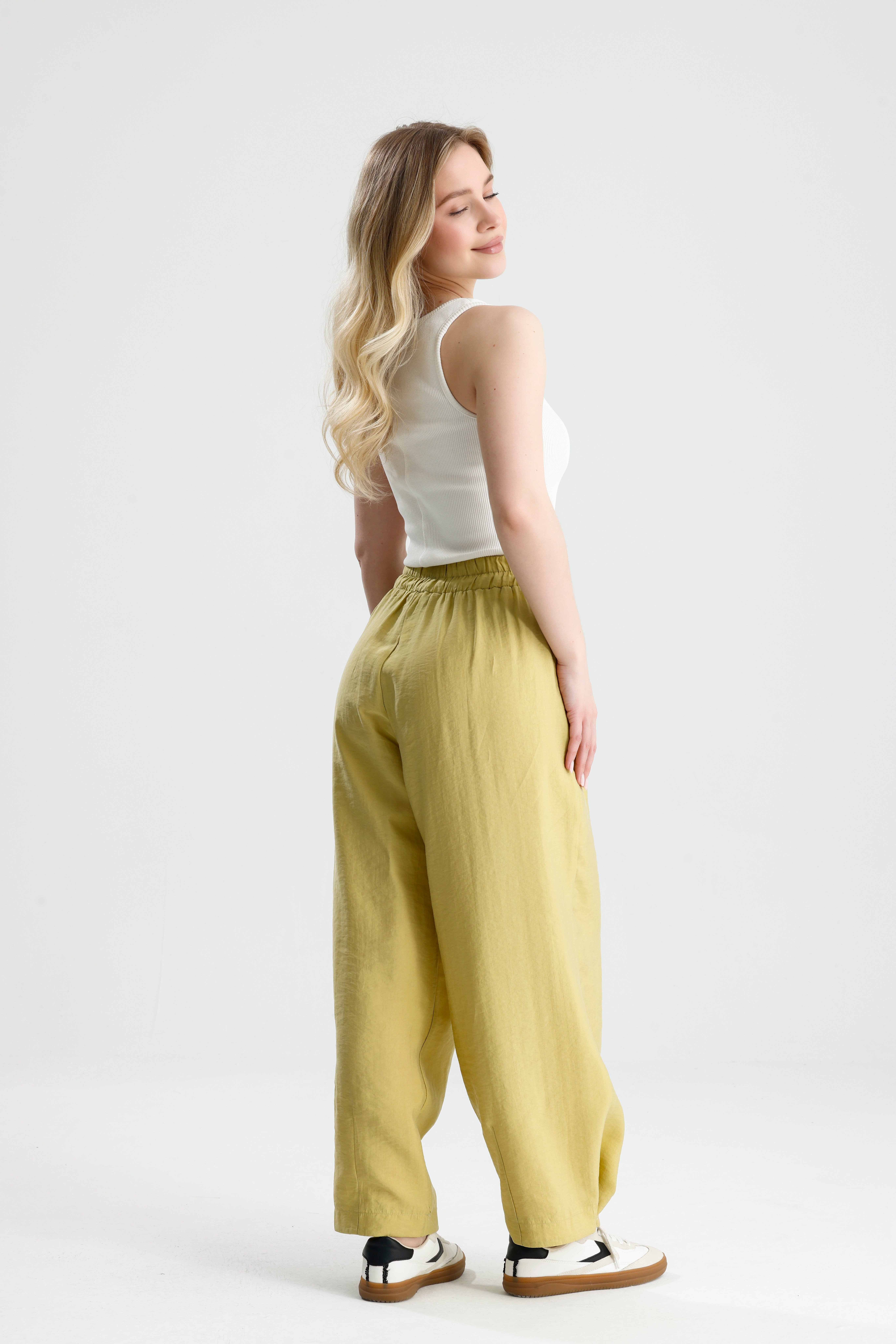 Kadın Yağ Yeşili Premium Kumaş Oversize Pantolon 31085