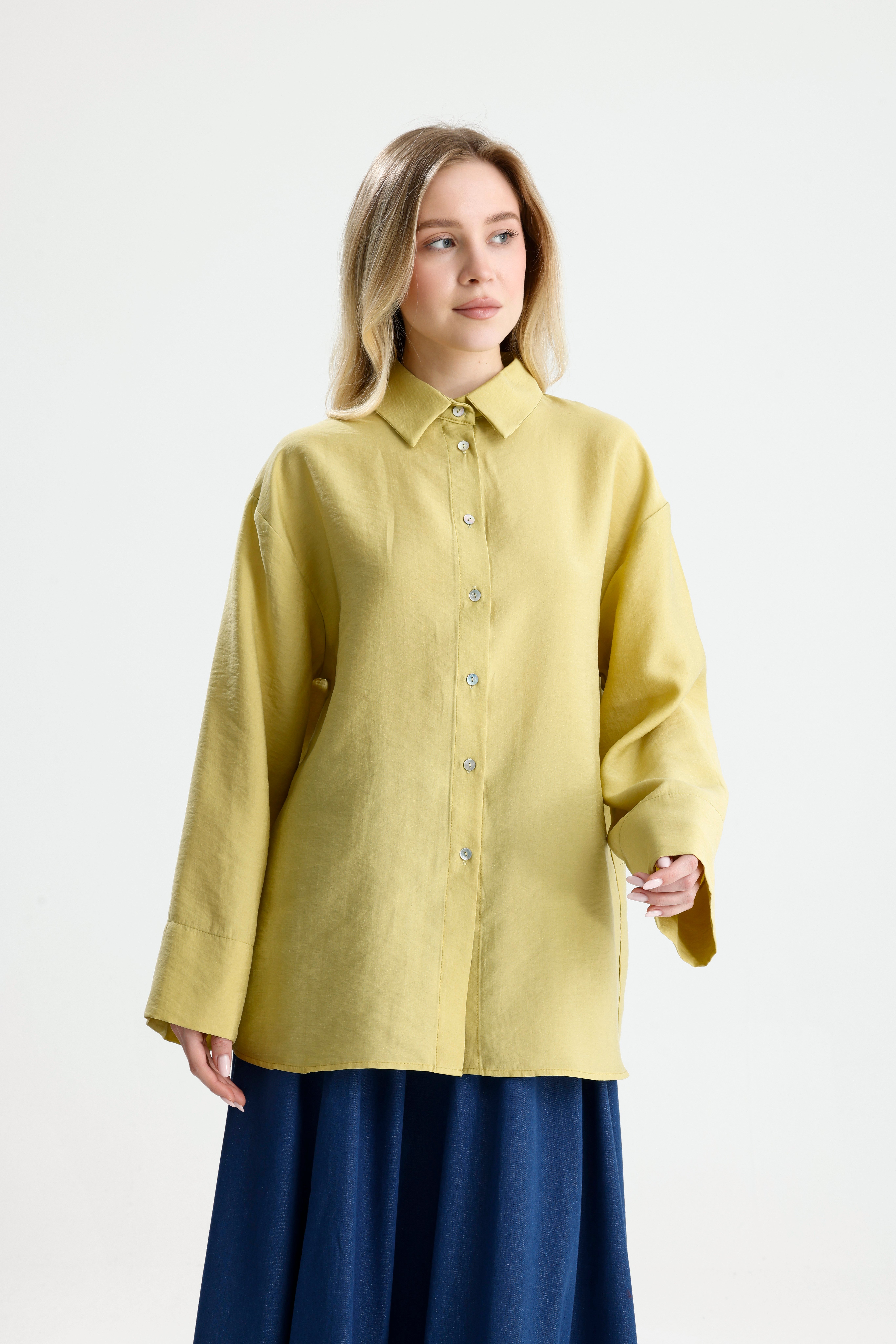 Kadın Yağ Yeşili Premium Kumaş Oversize Gömlek 31084