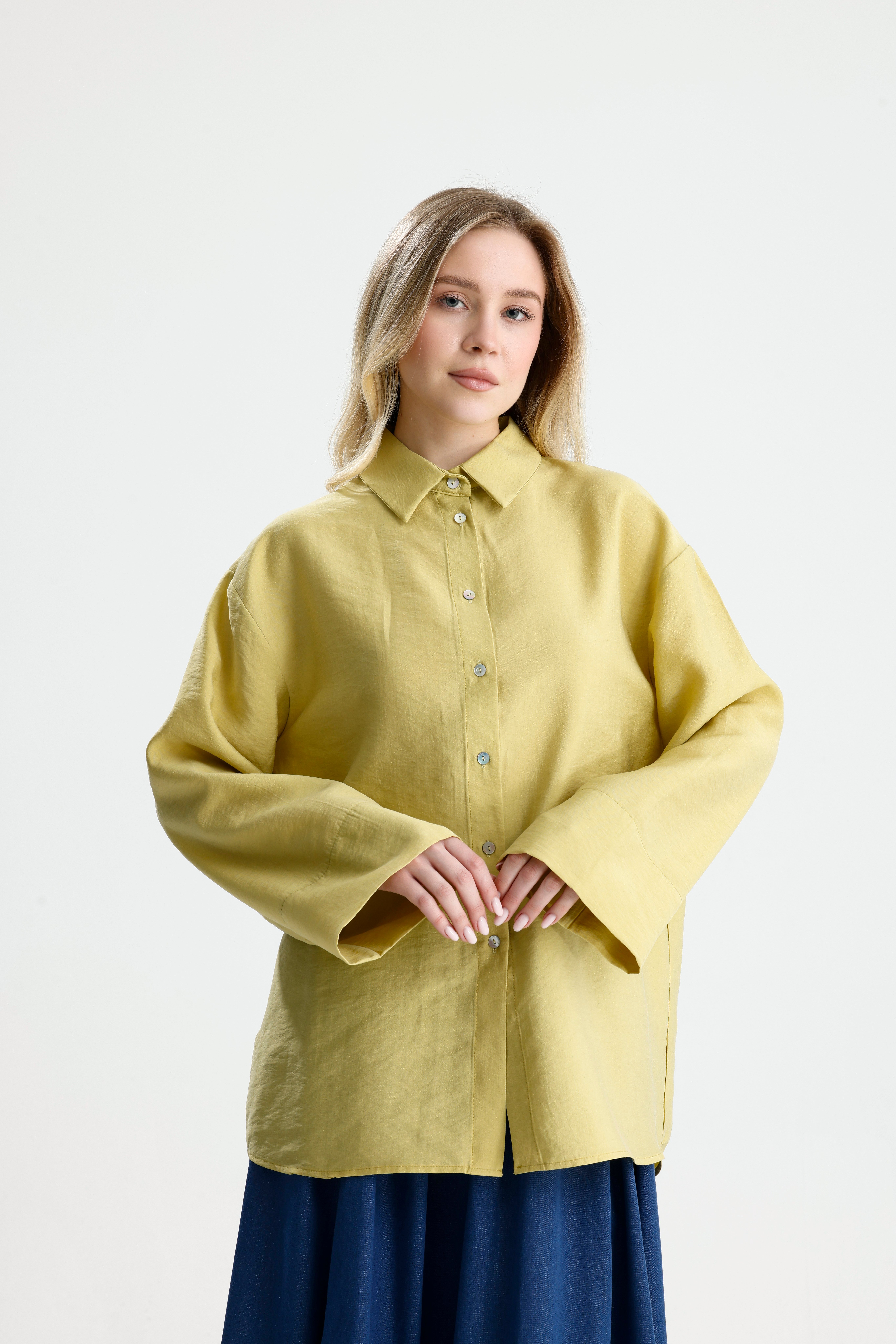 Kadın Yağ Yeşili Premium Kumaş Oversize Gömlek 31084