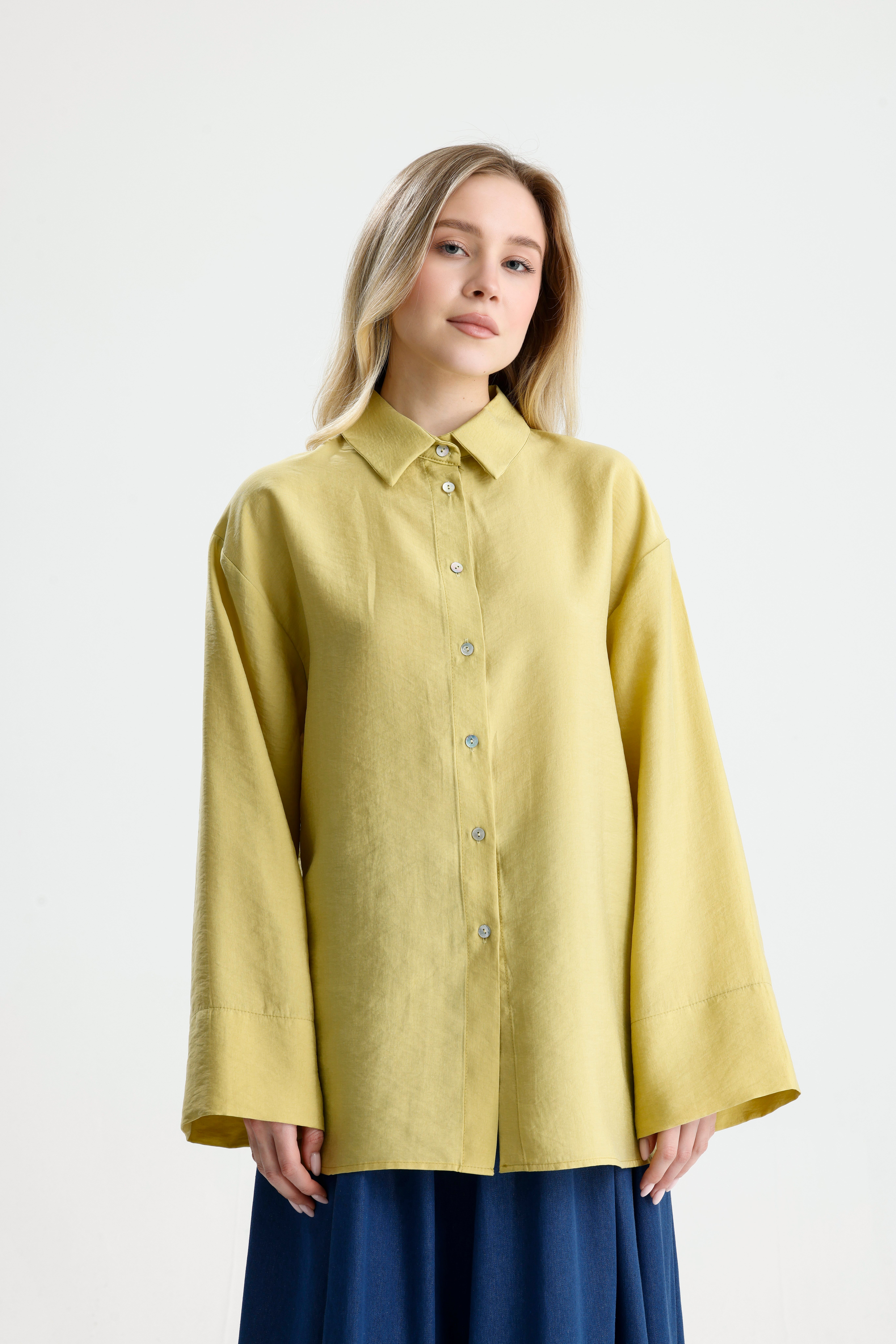 Kadın Yağ Yeşili Premium Kumaş Oversize Gömlek 31084