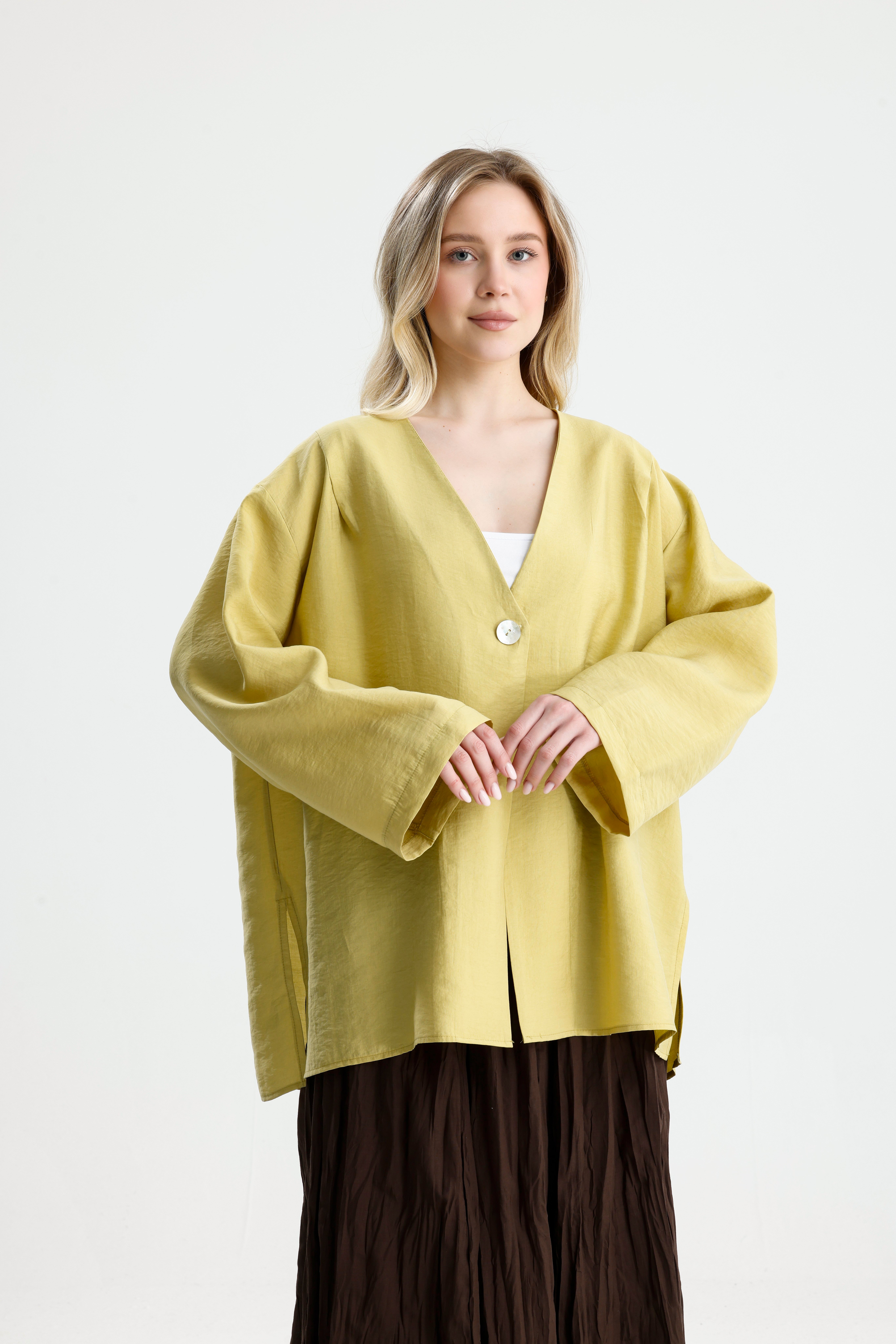 Kadın Yağ yeşili Premium Kumaş Oversize kimono 31099
