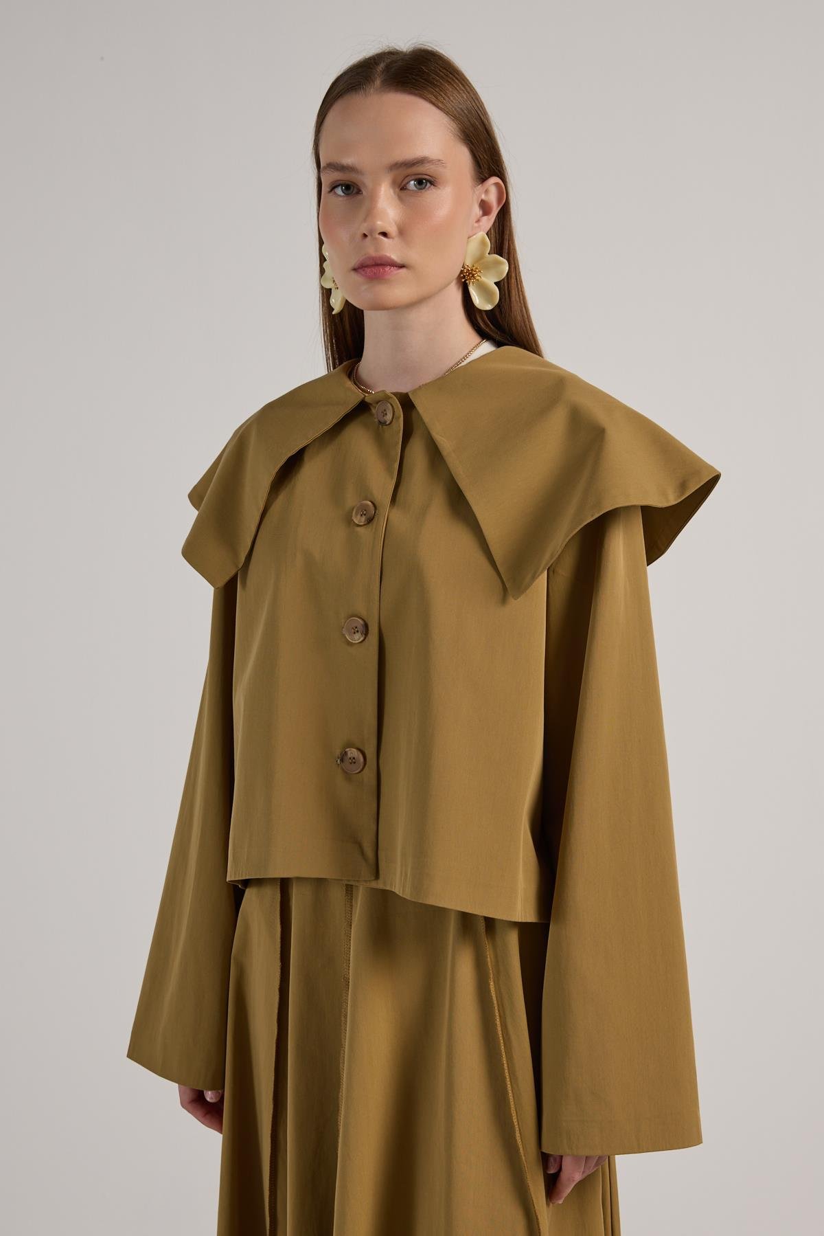 Kadın Yağ Yeşili Premium Tasarım Kısa Trençkot 30011