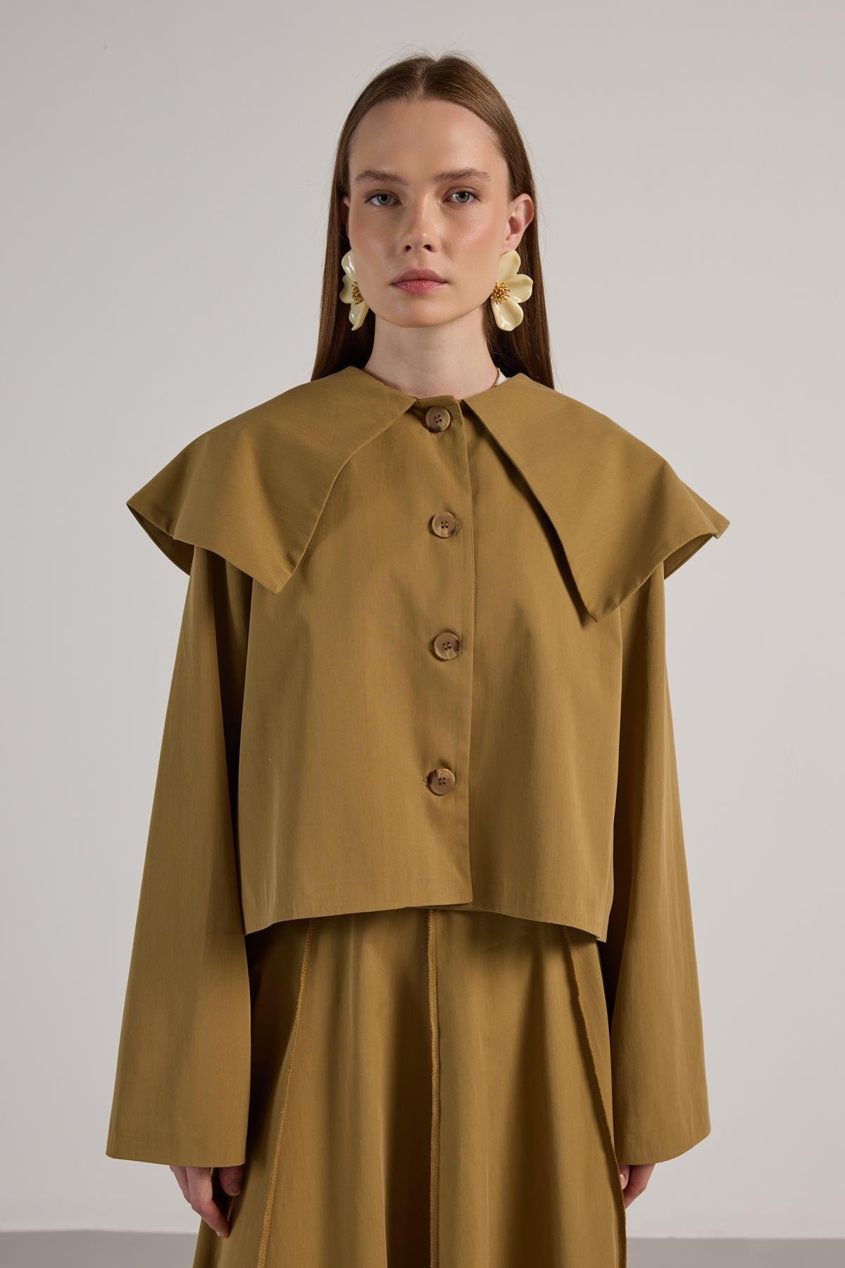 Kadın Yağ Yeşili Premium Tasarım Kısa Trençkot 30011