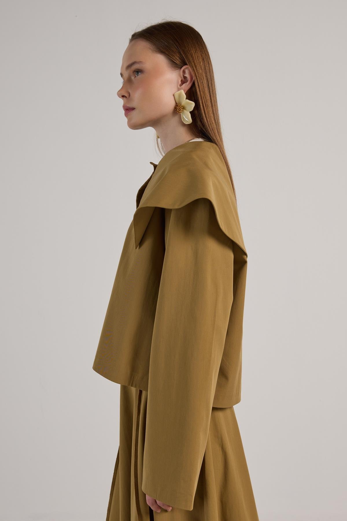 Kadın Yağ Yeşili Premium Tasarım Kısa Trençkot 30011