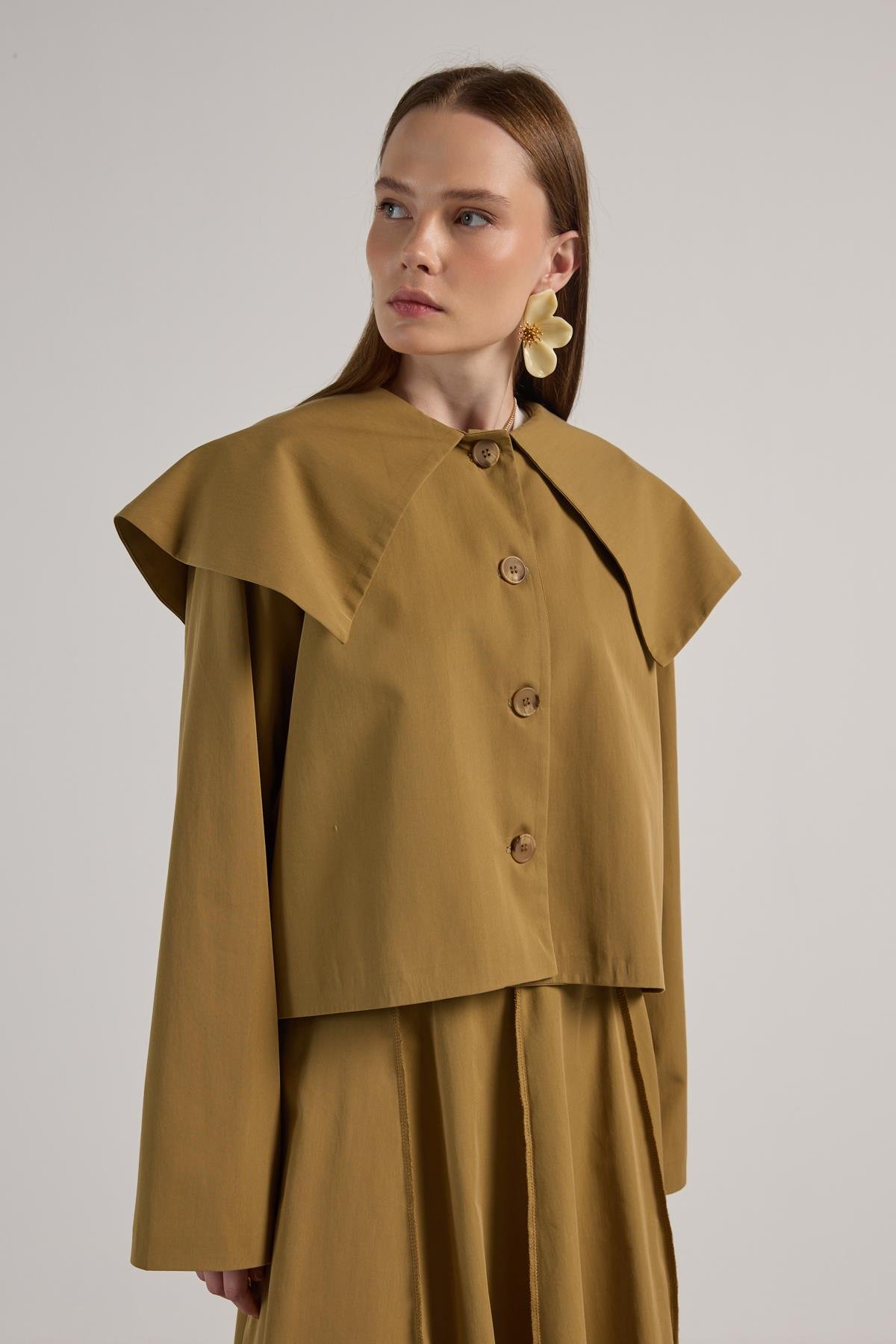 Kadın Yağ Yeşili Premium Tasarım Kısa Trençkot 30011